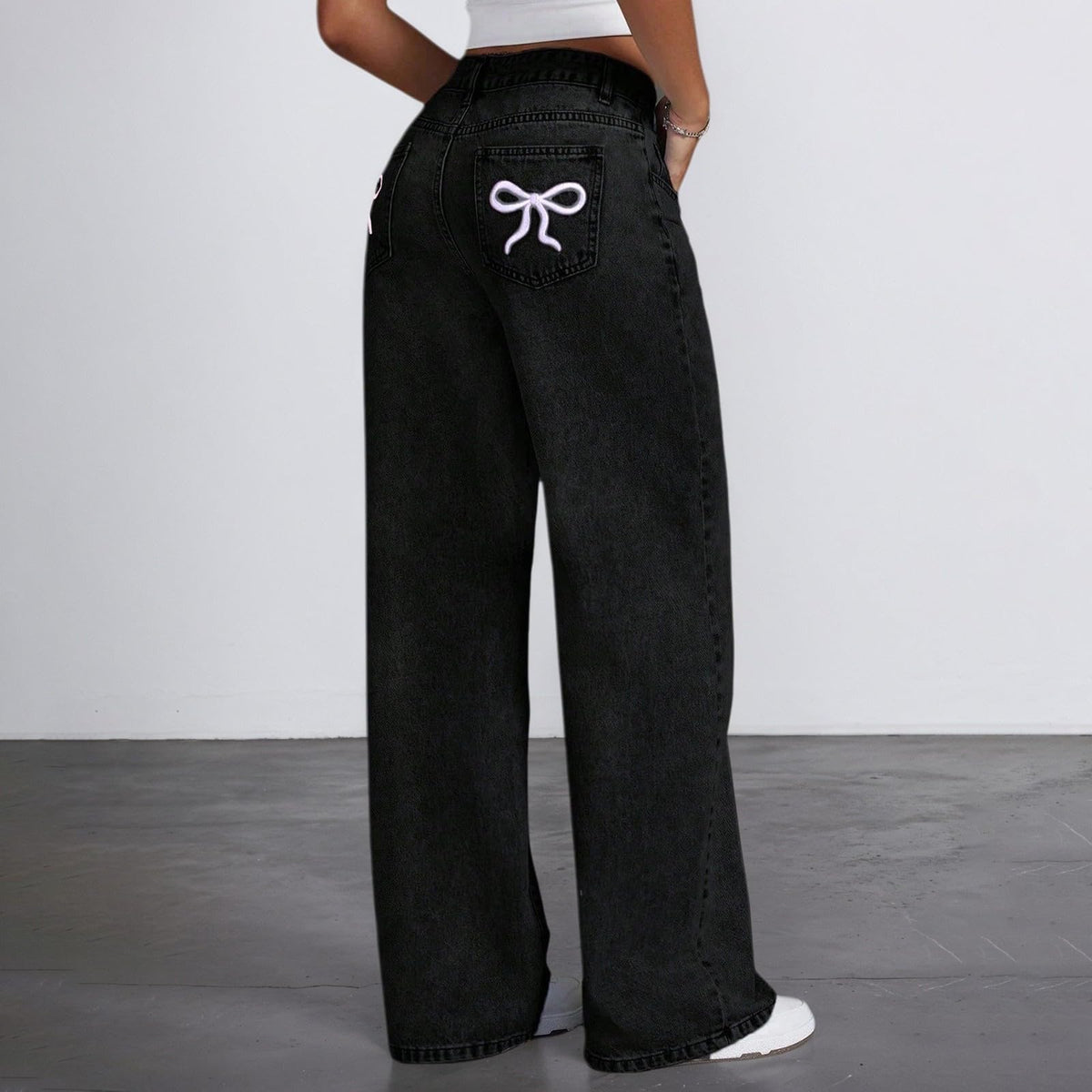 Jeans for Girls Cute Baggy Pants Wide Leg High Waisted Trousers with Pocket | Back to School Clothes Teens Outfits Bow Embroidery Wide Leg Denim Pants Y2k Tween Clothes 7-16Y