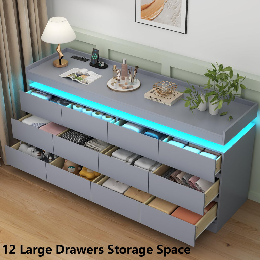 Gyfimoie 6 Drawer Dresser with Power Outlet, Dresser with LED Light | Modern Chest of Drawers for Closet, Wide Drawer Organizer Cabinet for Bedroom,Living Room