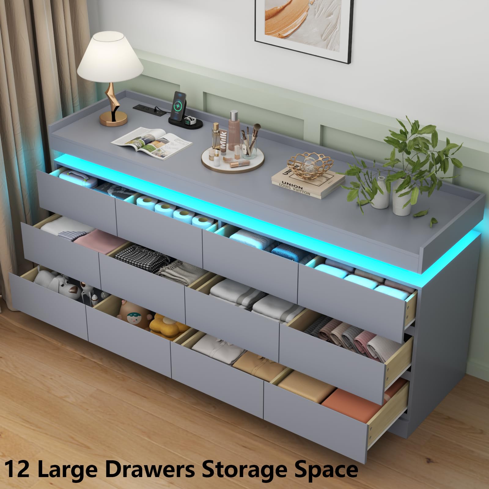 Gyfimoie 6 Drawer Dresser with Power Outlet, Dresser with LED Light | Modern Chest of Drawers for Closet, Wide Drawer Organizer Cabinet for Bedroom,Living Room