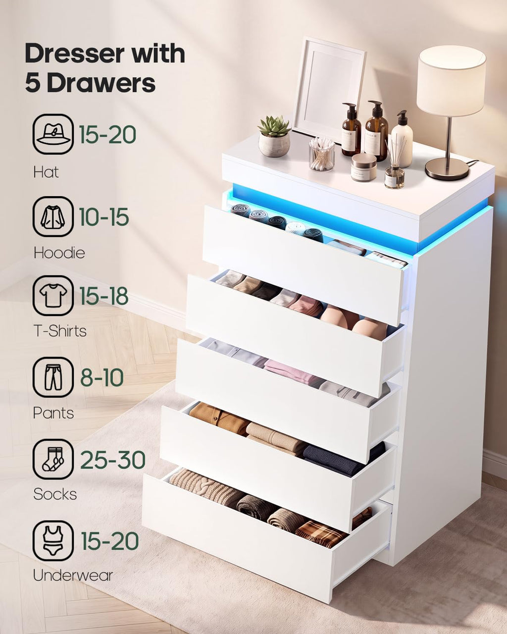 HAUOMS Tall White 5 Drawer Dresser with LED Light | Modern Chest of Drawers for Bedroom,Closet Dressers with Drawers for Living Room, Entryway, Hallway