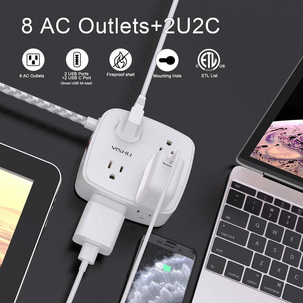 6Ft Surge Protector Power Strip with 8 Widely Outlets & 4 USB Ports | 3 Side Outlet Extender with 6 Feet Extension Cord, Flat Plug, for Home, Office, College Dorm Room Essentials, ETL, White