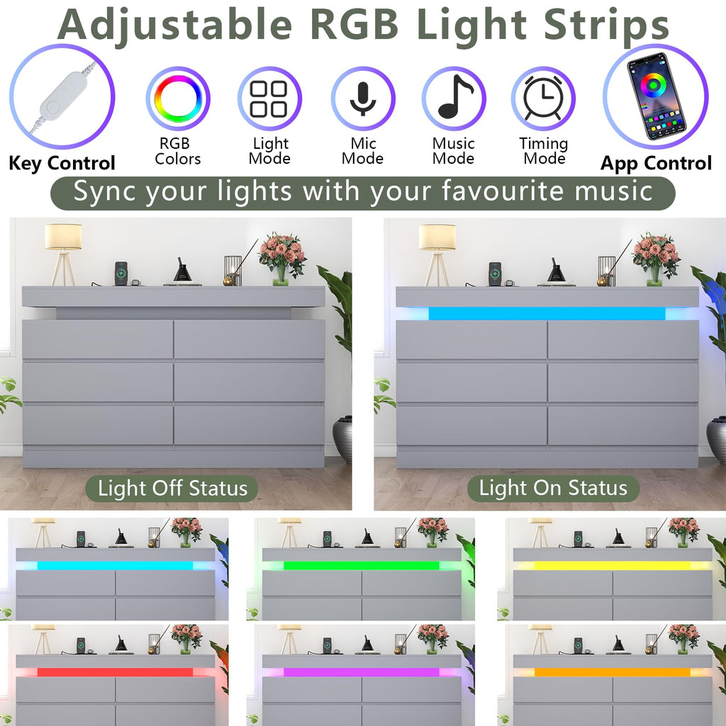 Gyfimoie 6 Drawer Dresser with Power Outlet, Dresser with LED Light | Modern Chest of Drawers for Closet, Wide Drawer Organizer Cabinet for Bedroom,Living Room