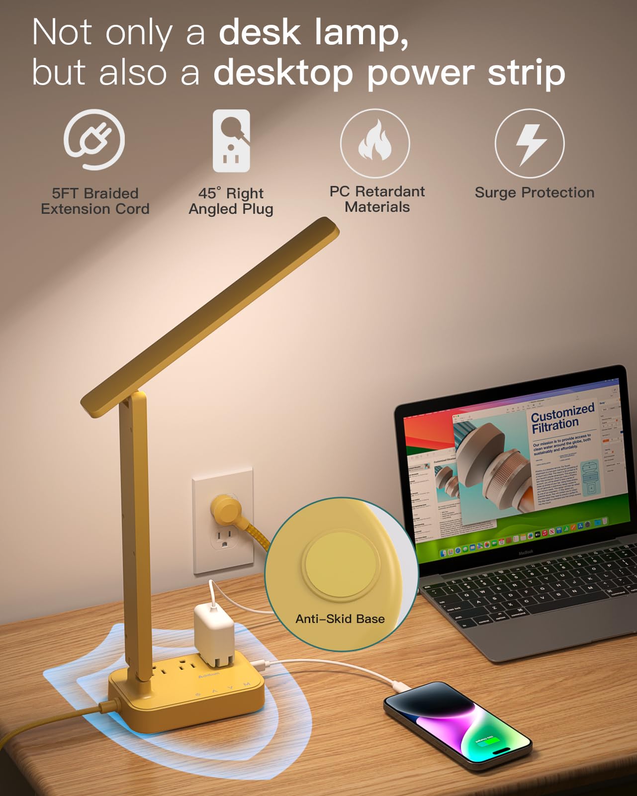 Addtam LED Desk Lamp, Power Strip with 3 Outlets 4 USB Charging Ports(2 USBC), 4 Modes 5 Level Brightness Touch Lamp, Small Desk Lamp for Home Office College Dorm Room Essentials