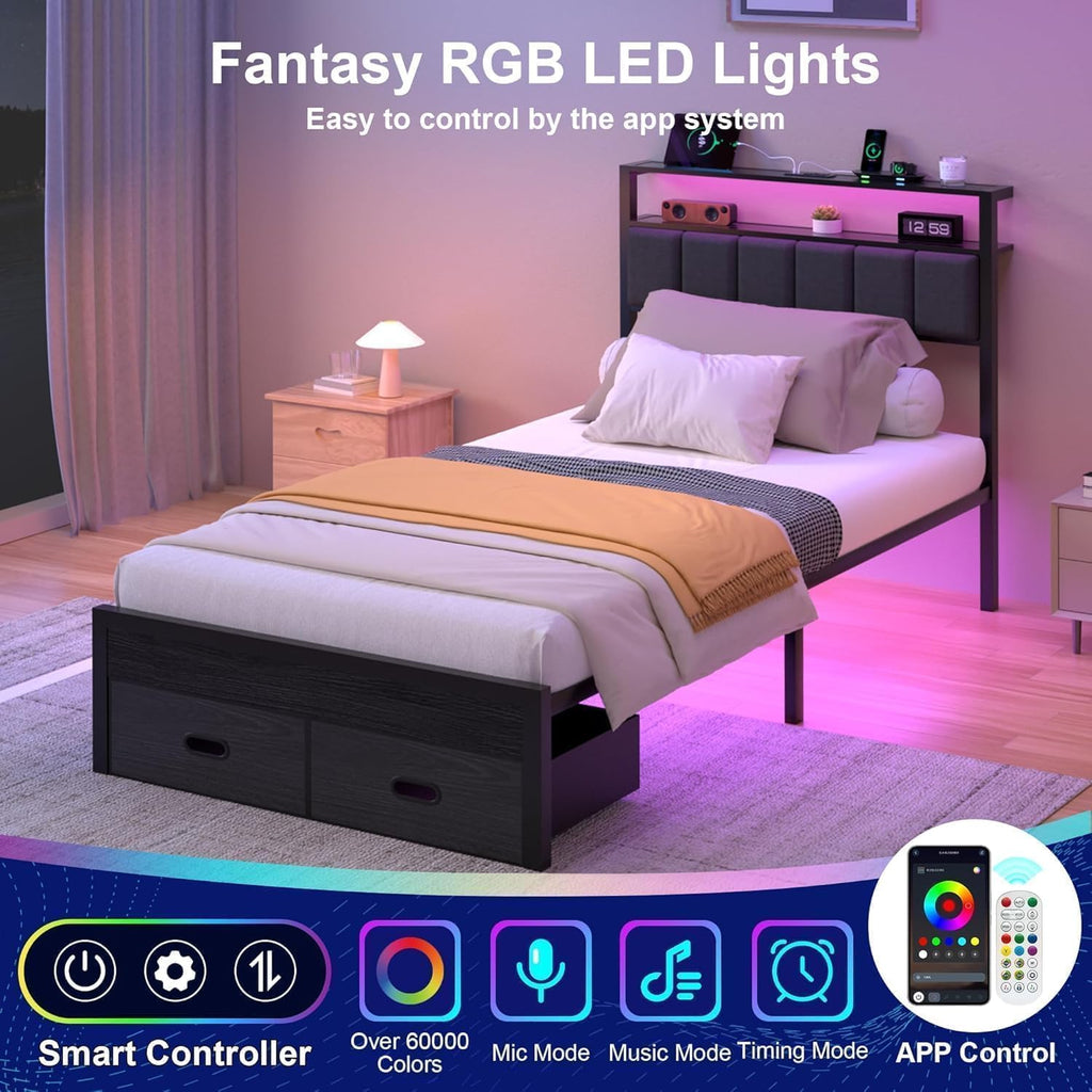 Full Bed Frames with Storage Drawer, Platform Bed with Charging Station and LED Lights, Upholstered Headboard with 2-Tier Storage Shelves, No Box Spring Needed