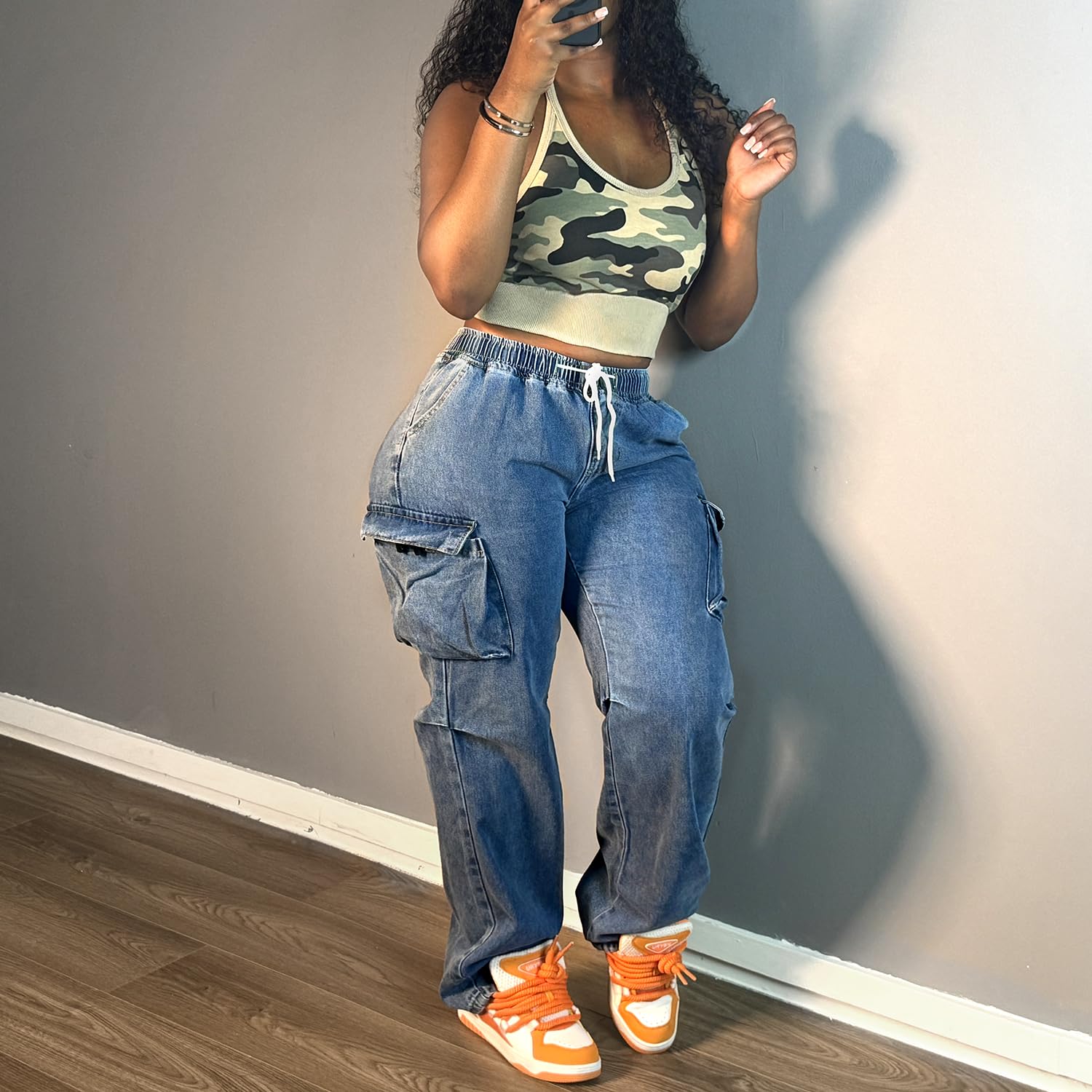 Cargo Jeans for Women Baggy Stretchy Wide Leg Denim Pants High Waisted y2k | Elastic Waist,Streetwear,Side Pockets,Cute,Trendy,Curvy,Mid Rise,Chic,Tall,Tie,Boyfriend,Loose,Casual,Fashion,Oversized