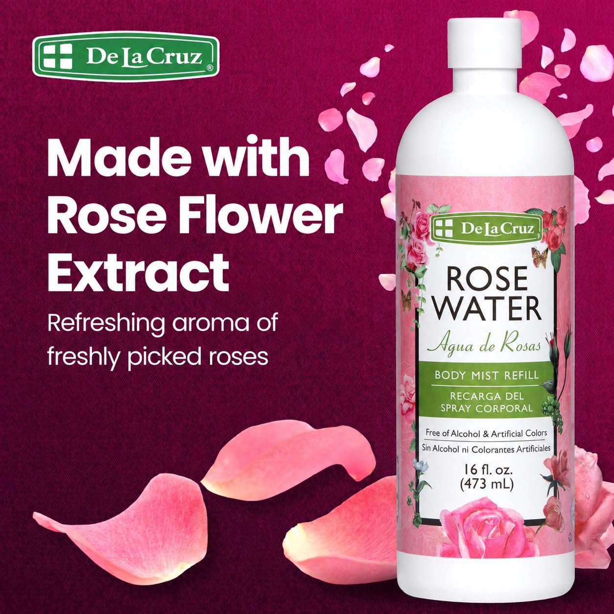 De La Cruz Rose Water Body & Hair Mist, 8 fl. oz Spray (236 mL) | Rose Water Spray, With Rose Flower Extract, Hair & Body Mist, Home Mist, Alcohol Free, Refreshing & Soothing