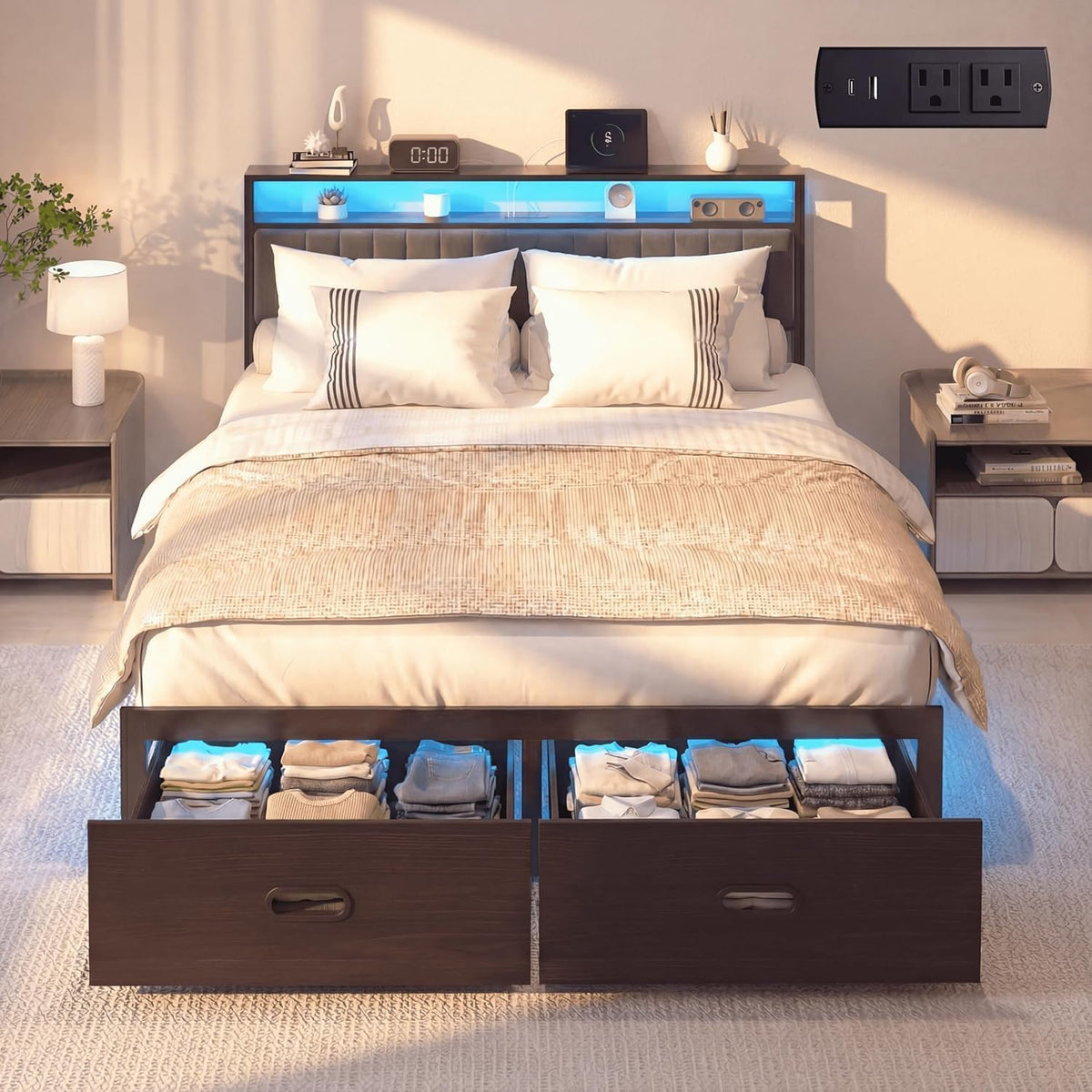 Full Bed Frames with Storage Drawer, Platform Bed with Charging Station and LED Lights, Upholstered Headboard with 2-Tier Storage Shelves, No Box Spring Needed
