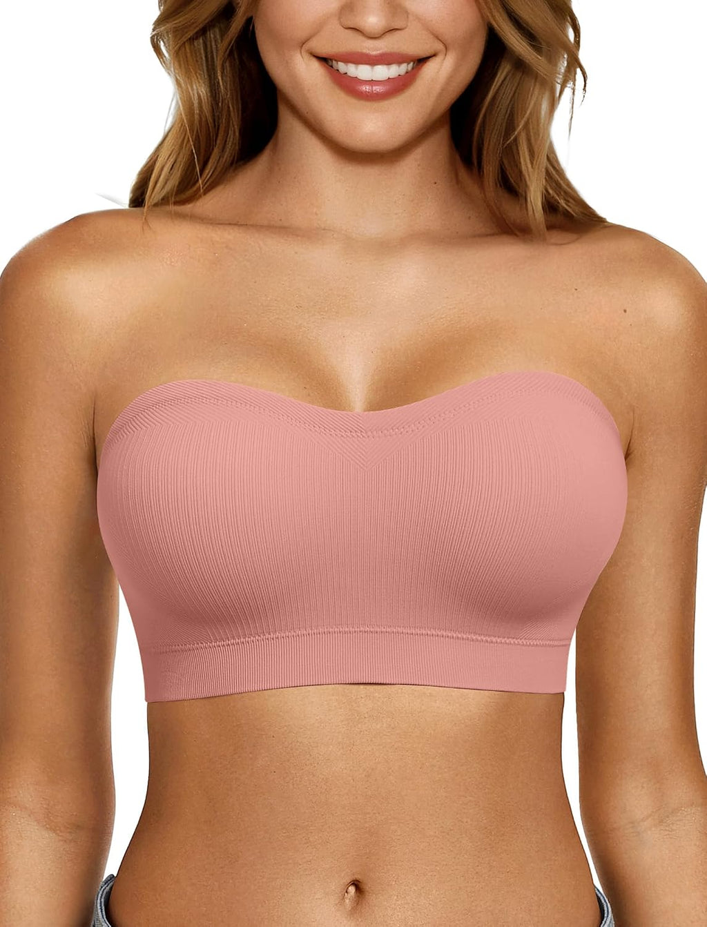 LetsJoli Strapless Bras for Women Push Up Bandeau Wireless Tube Padded Bra | Supportive Non Slip, Ribbed Soft, For Large Breast, Straps for One Shoulder & Halter Bra, No Underwire