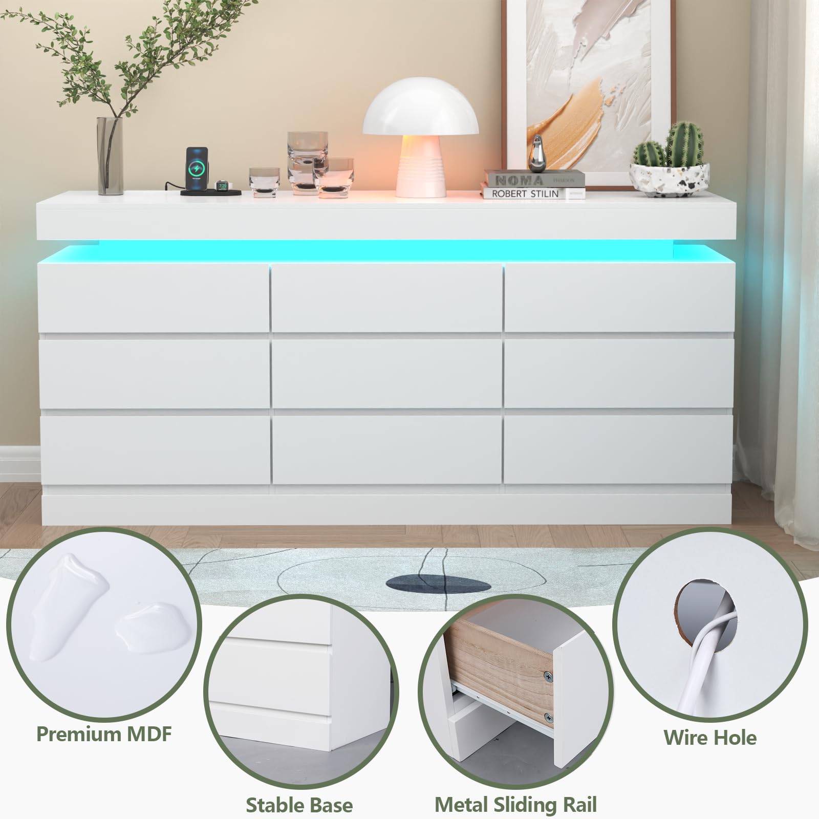 Gyfimoie 6 Drawer Dresser with Power Outlet, Dresser with LED Light | Modern Chest of Drawers for Closet, Wide Drawer Organizer Cabinet for Bedroom,Living Room
