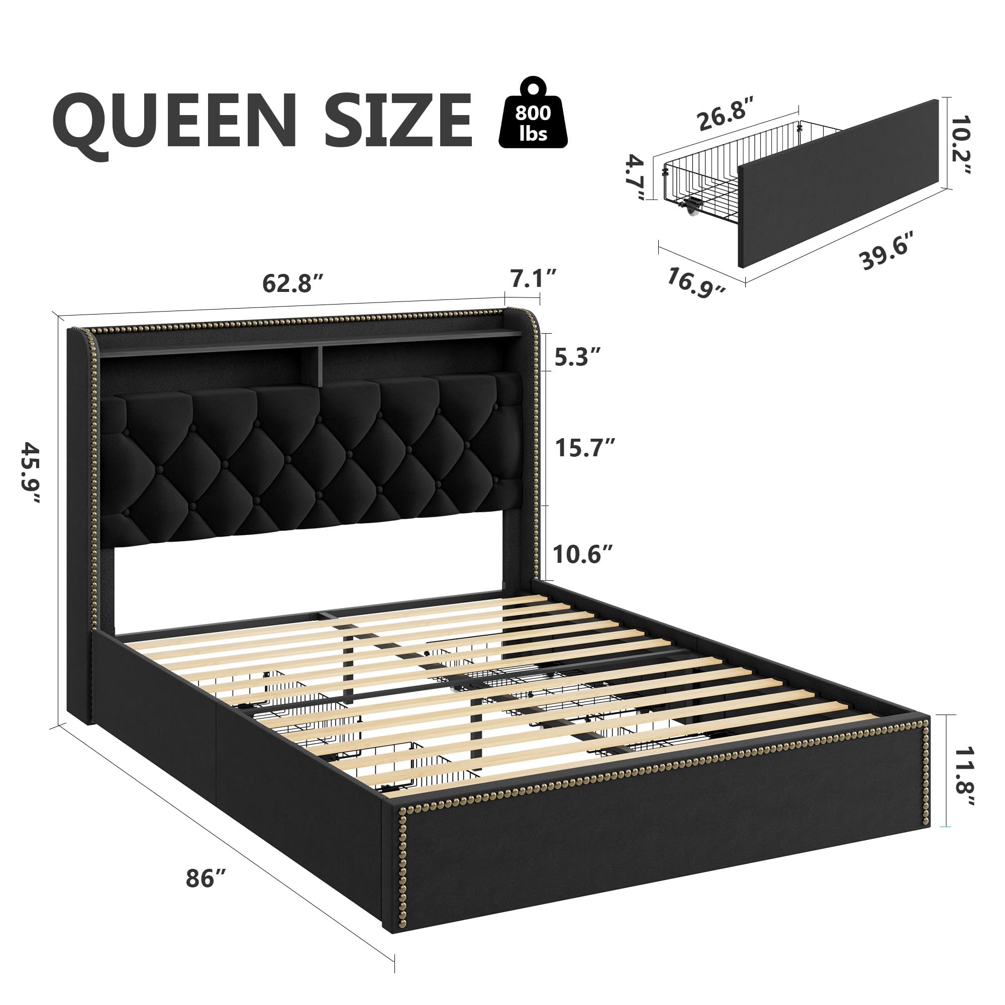 Full Size Black Velvet Storage Bed with Shelved Headboard and 4 Drawers, Tufted Upholstered Platform Bed Frame with Nailhead Trim, Metal Support Slats, No Box Spring Required, Easy to Assemble