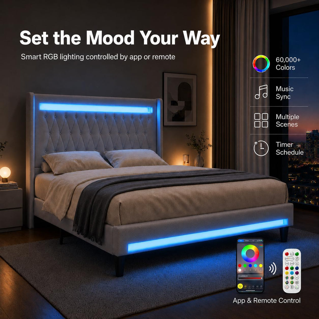 Allewie Queen Size Upholstered Bed Frame with LED & Charging Station, Black | Customizable LED lights, charging station, tufted wingback headboard, noise-reducing support, and no box spring needed.