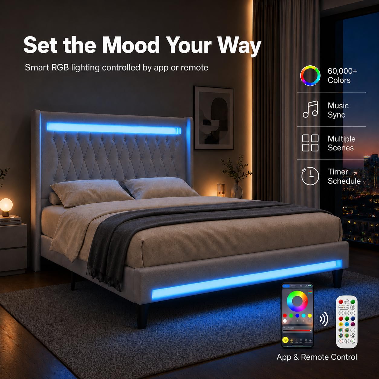 Allewie Queen Size Upholstered Bed Frame with LED & Charging Station, Black | Customizable LED lights, charging station, tufted wingback headboard, noise-reducing support, and no box spring needed.