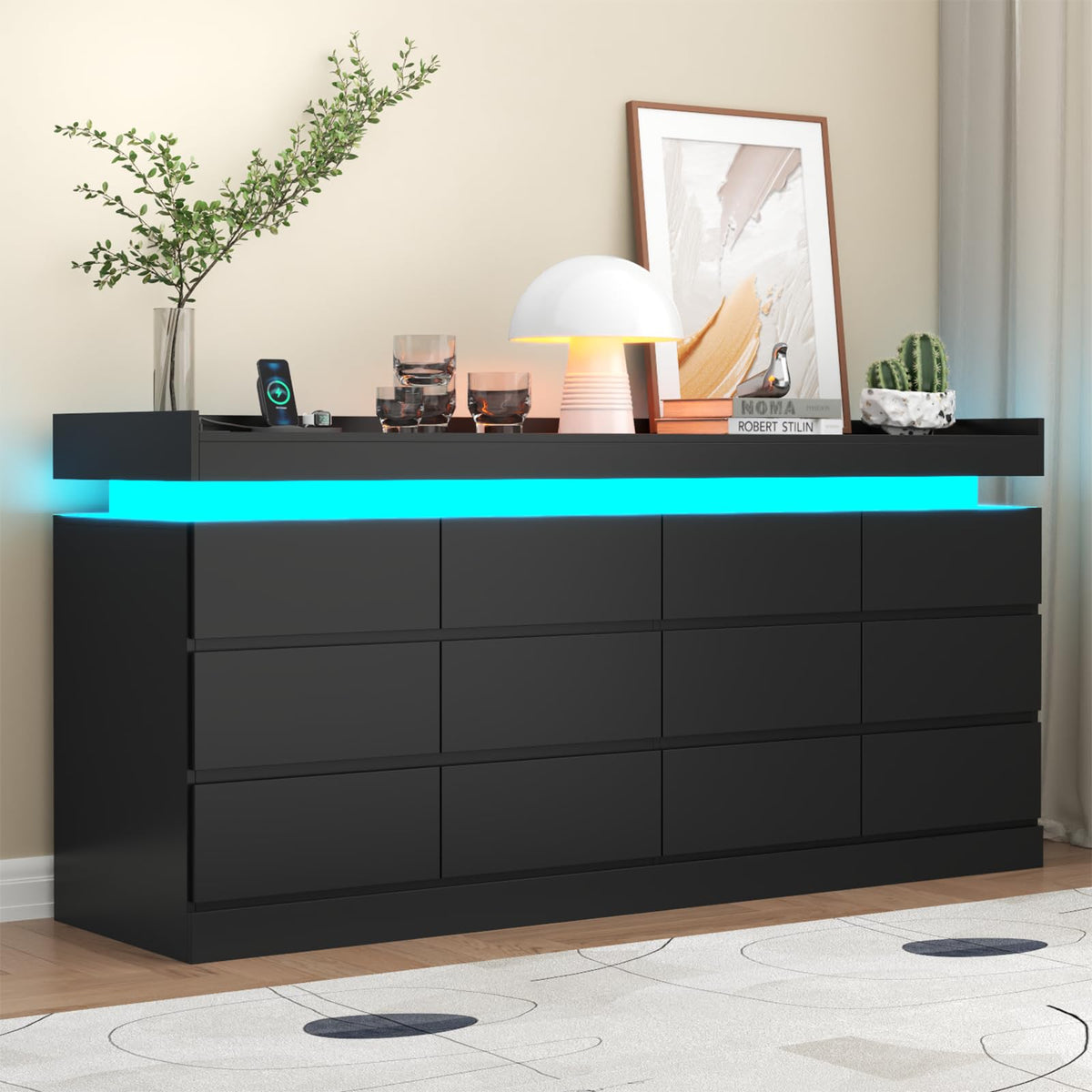 Gyfimoie 6 Drawer Dresser with Power Outlet, Dresser with LED Light | Modern Chest of Drawers for Closet, Wide Drawer Organizer Cabinet for Bedroom,Living Room