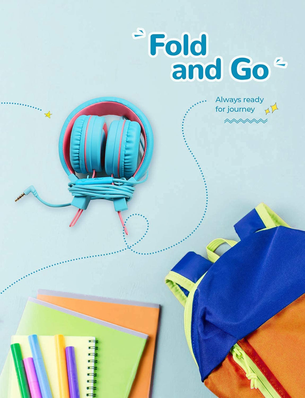 iClever C371 Kids Headphones with Cord for School Boys Girls Travel Gift | SafeSound Tech3.0, Stereo Sound, 3.5mm Jack, Foldable, Durable Headband, Safe Wired Headphones for Kids, Powder Blue