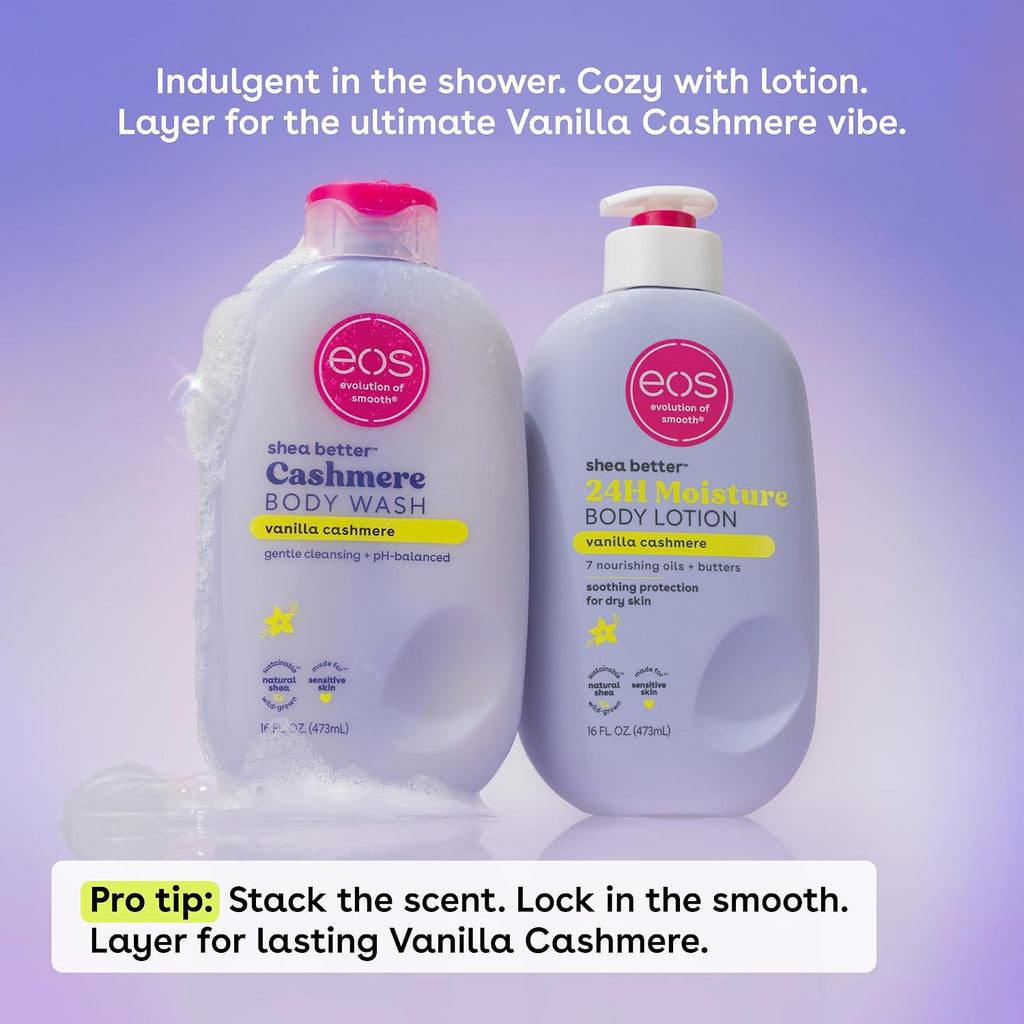 eos Body Wash, Vanilla Cashmere, Moisturizing Creamy Gel Formula with Shea Butter, Glycerin, Vitamin E, pH Balanced, Sensitive Skin, Vegan, 16 fl oz