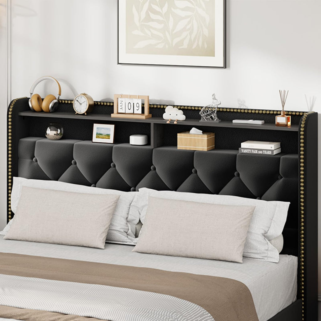 Full Size Black Velvet Storage Bed with Shelved Headboard and 4 Drawers, Tufted Upholstered Platform Bed Frame with Nailhead Trim, Metal Support Slats, No Box Spring Required, Easy to Assemble