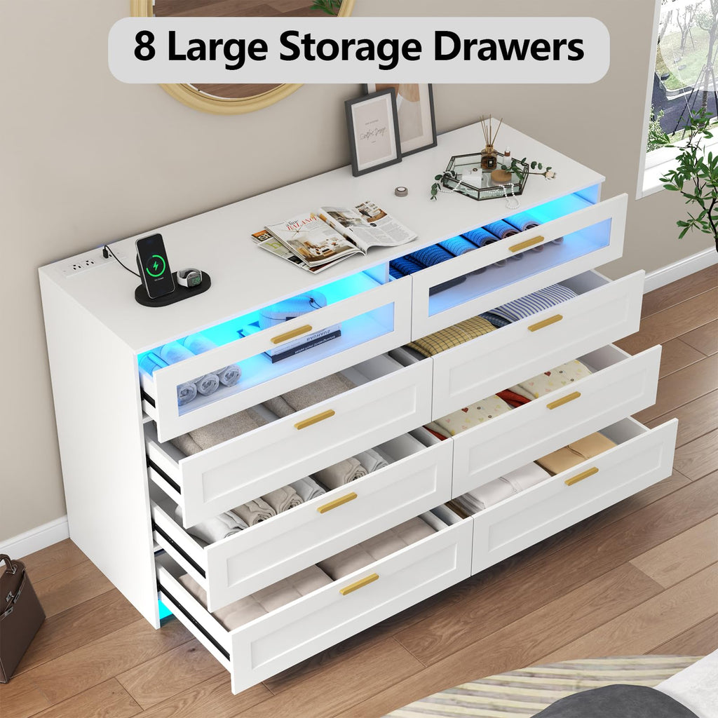 8 Drawers Dresser with Charging Station, Dresser for Bedroom with LED Light | Modern Chest of Drawers for Closet, Double Wide Dressers Organizer for Bedroom, Living Room, Entryway
