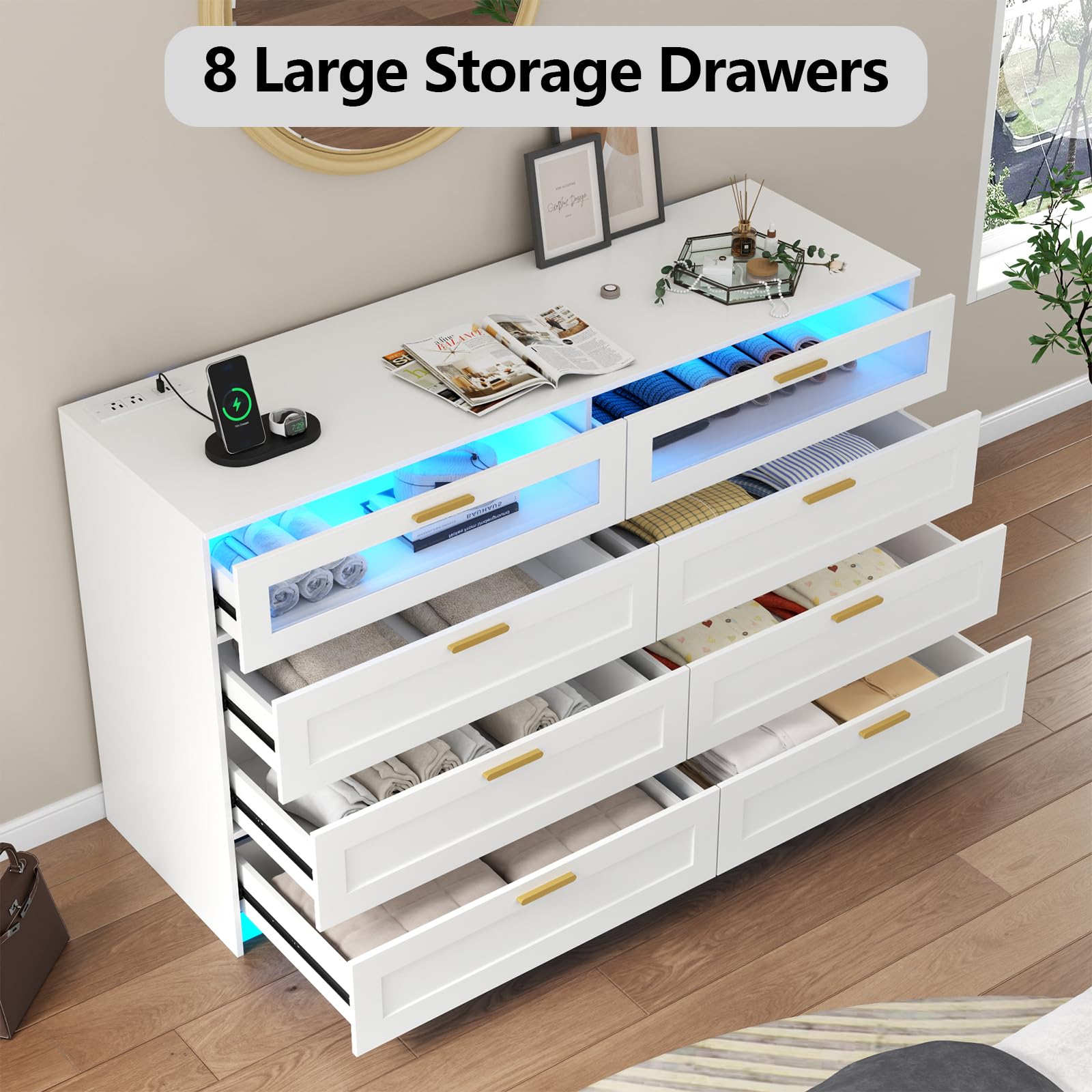 8 Drawers Dresser with Charging Station, Dresser for Bedroom with LED Light | Modern Chest of Drawers for Closet, Double Wide Dressers Organizer for Bedroom, Living Room, Entryway
