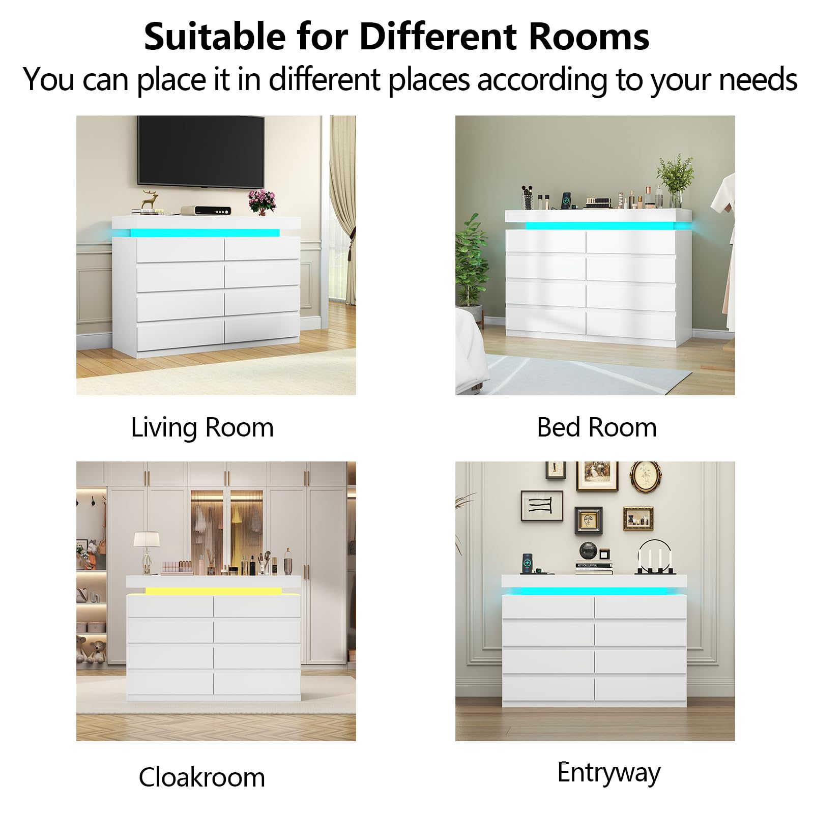 Gyfimoie 6 Drawer Dresser with Power Outlet, Dresser with LED Light | Modern Chest of Drawers for Closet, Wide Drawer Organizer Cabinet for Bedroom,Living Room