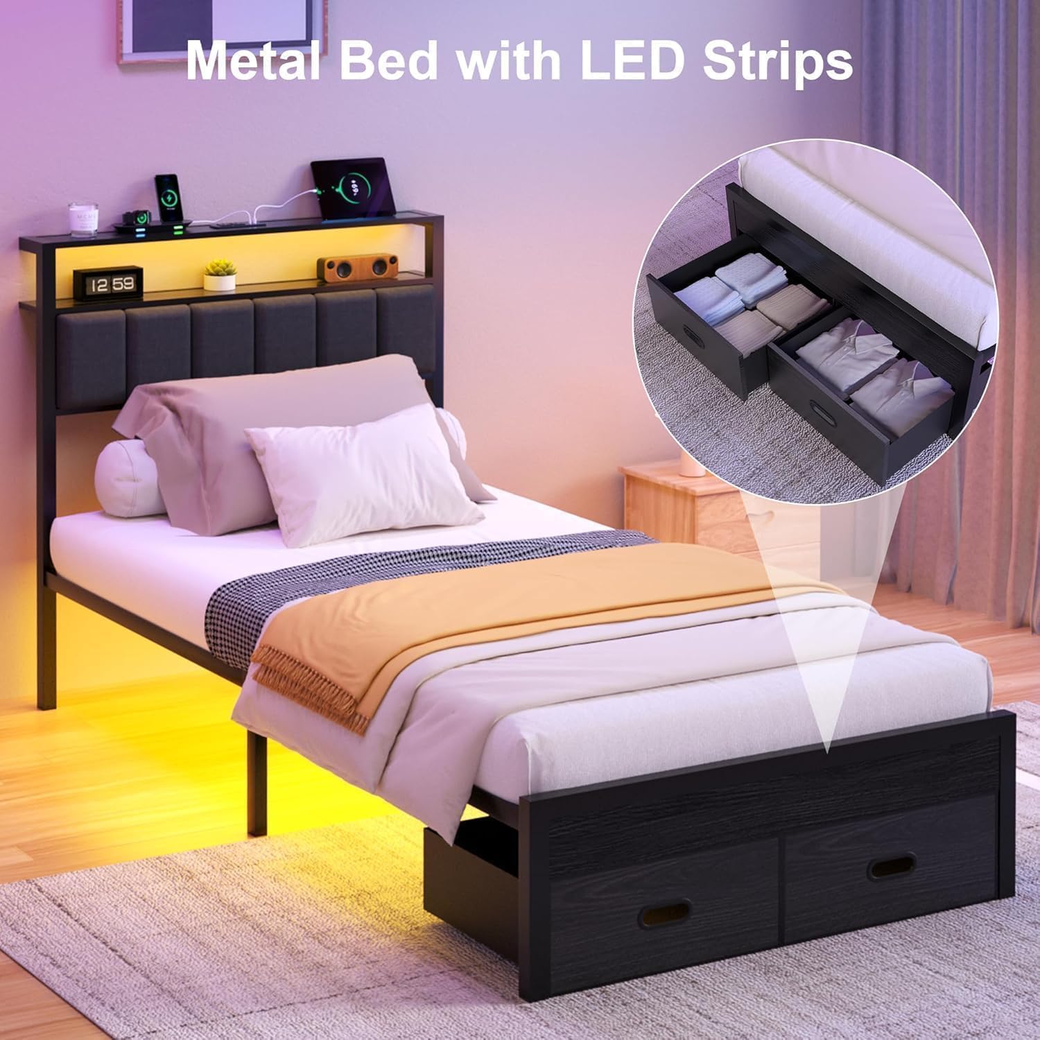 Full Bed Frames with Storage Drawer, Platform Bed with Charging Station and LED Lights, Upholstered Headboard with 2-Tier Storage Shelves, No Box Spring Needed