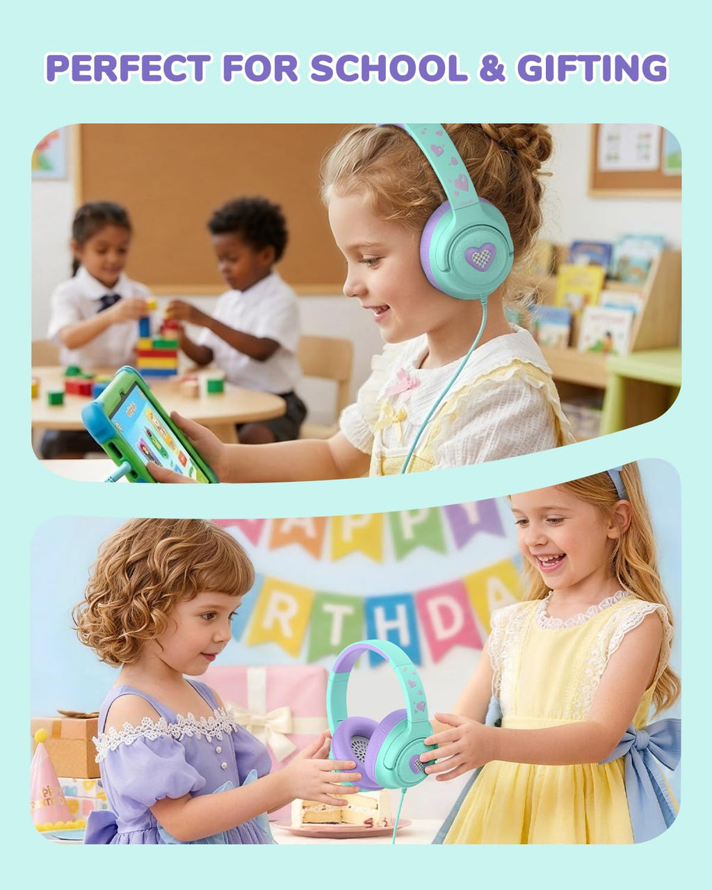 iClever C371 Kids Headphones with Cord for School Boys Girls Travel Gift | SafeSound Tech3.0, Stereo Sound, 3.5mm Jack, Foldable, Durable Headband, Safe Wired Headphones for Kids, Powder Blue