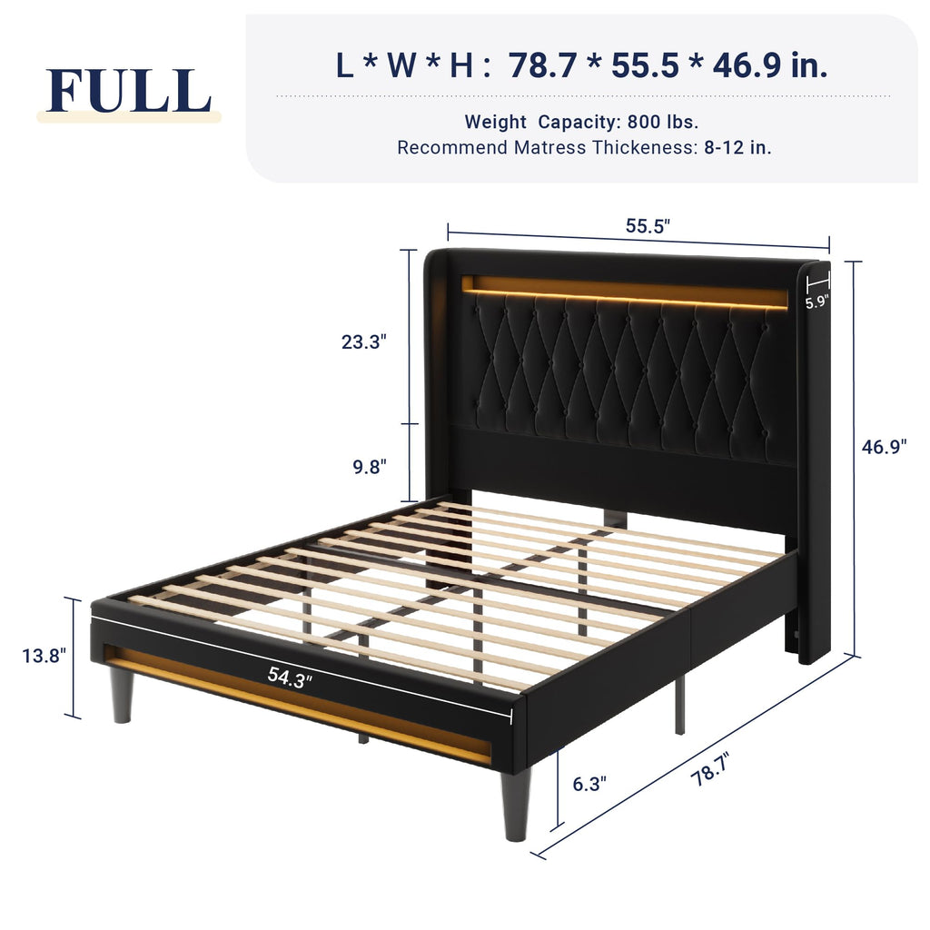 Allewie Queen Size Upholstered Bed Frame with LED & Charging Station, Black | Customizable LED lights, charging station, tufted wingback headboard, noise-reducing support, and no box spring needed.