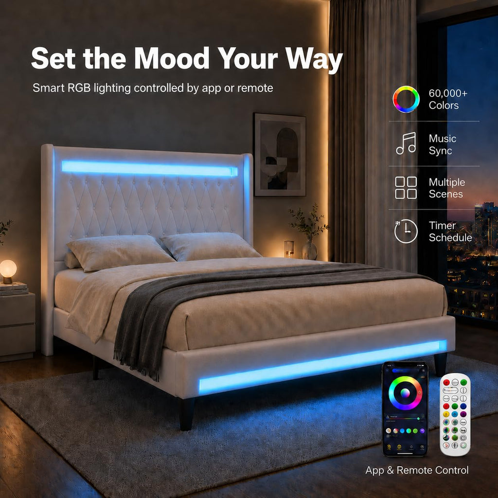 Allewie Queen Size Upholstered Bed Frame with LED & Charging Station, Black | Customizable LED lights, charging station, tufted wingback headboard, noise-reducing support, and no box spring needed.