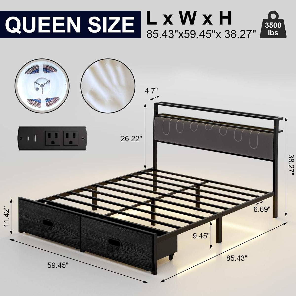 Full Bed Frames with Storage Drawer, Platform Bed with Charging Station and LED Lights, Upholstered Headboard with 2-Tier Storage Shelves, No Box Spring Needed