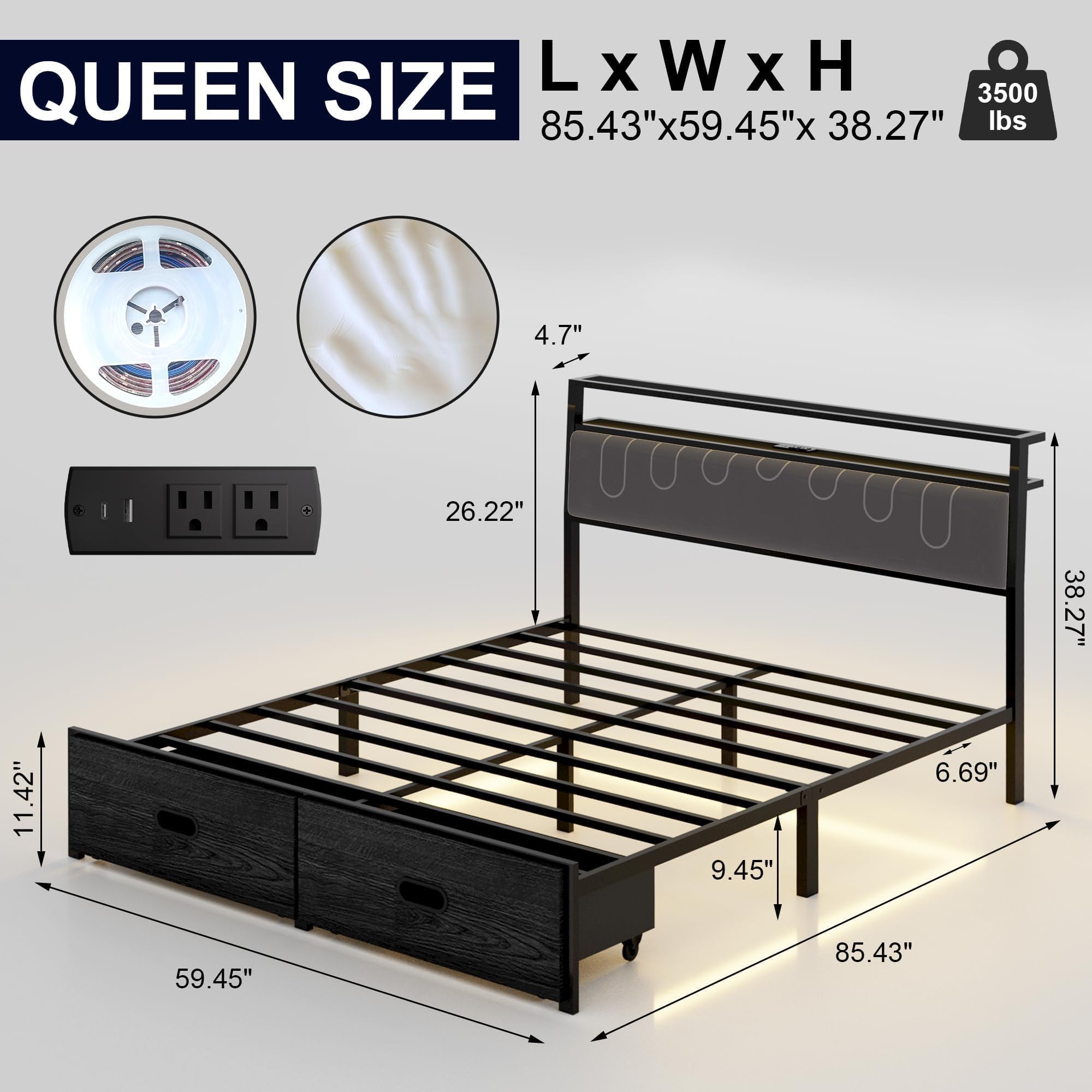 Full Bed Frames with Storage Drawer, Platform Bed with Charging Station and LED Lights, Upholstered Headboard with 2-Tier Storage Shelves, No Box Spring Needed