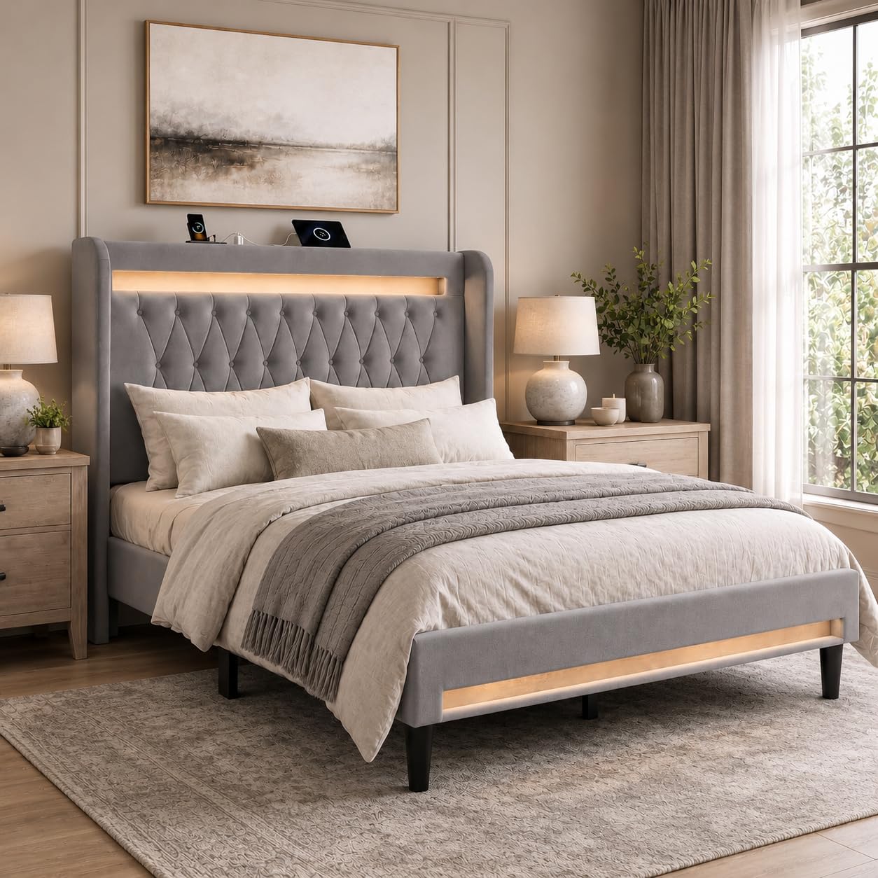 Allewie Queen Size Upholstered Bed Frame with LED & Charging Station, Black | Customizable LED lights, charging station, tufted wingback headboard, noise-reducing support, and no box spring needed.
