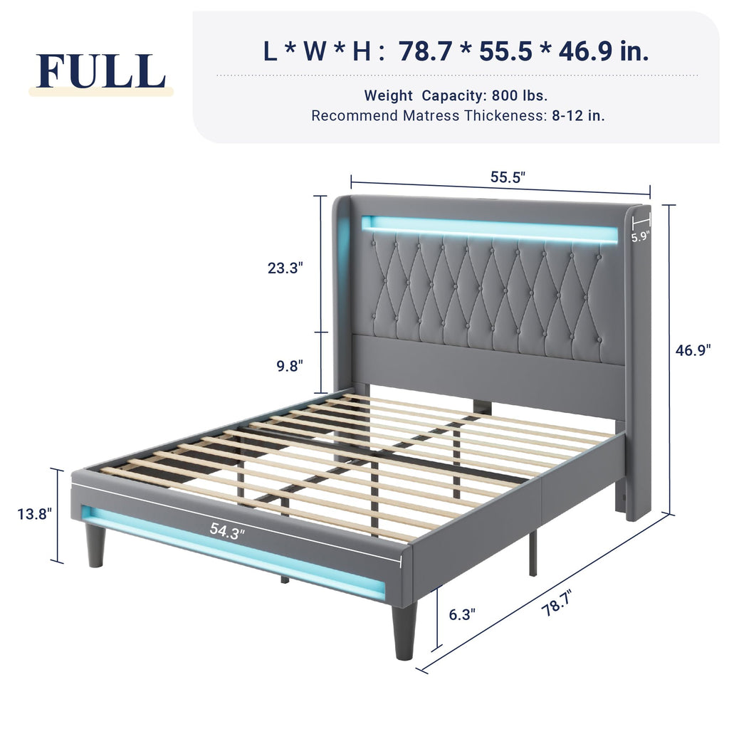 Allewie Queen Size Upholstered Bed Frame with LED & Charging Station, Black | Customizable LED lights, charging station, tufted wingback headboard, noise-reducing support, and no box spring needed.
