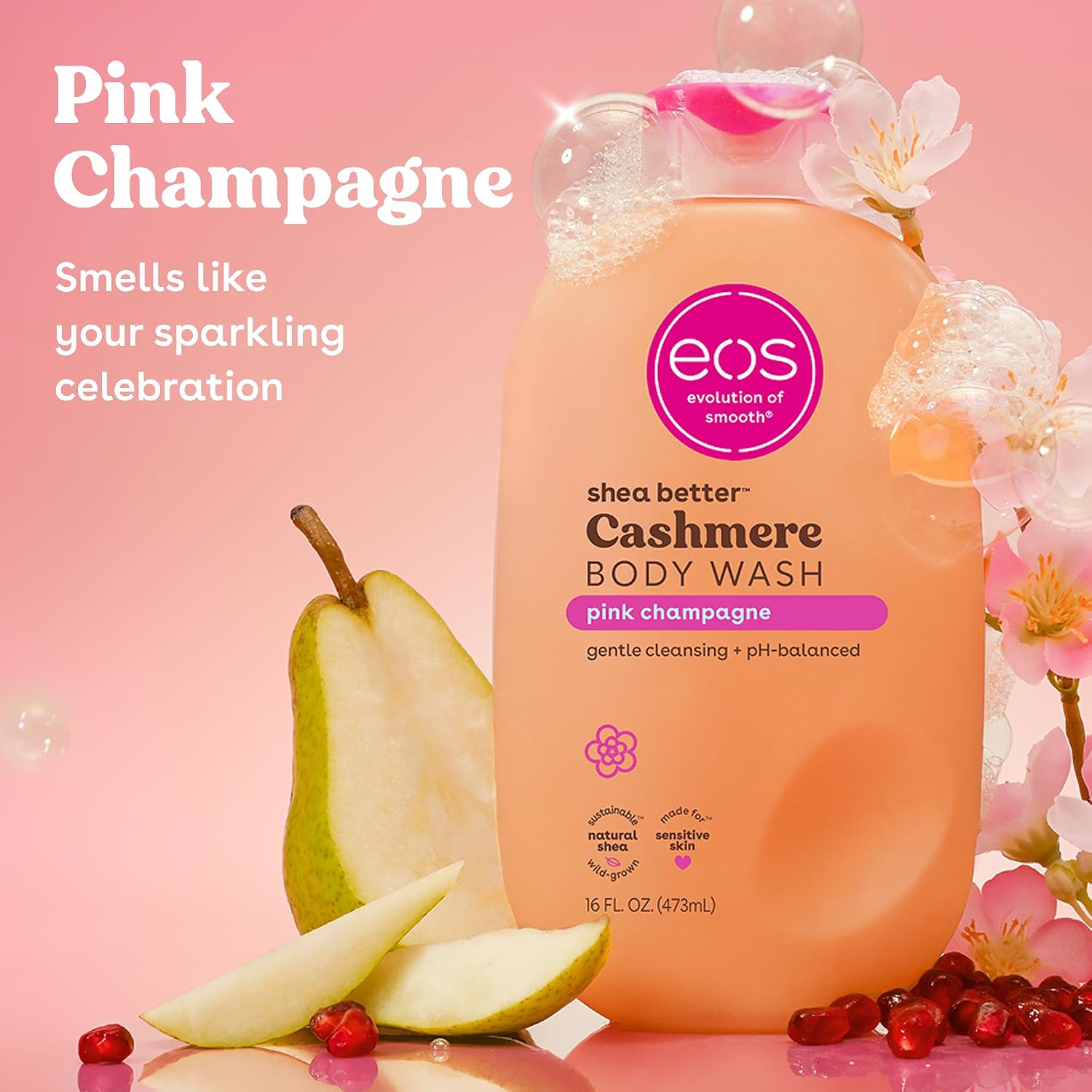 eos Body Wash, Vanilla Cashmere, Moisturizing Creamy Gel Formula with Shea Butter, Glycerin, Vitamin E, pH Balanced, Sensitive Skin, Vegan, 16 fl oz