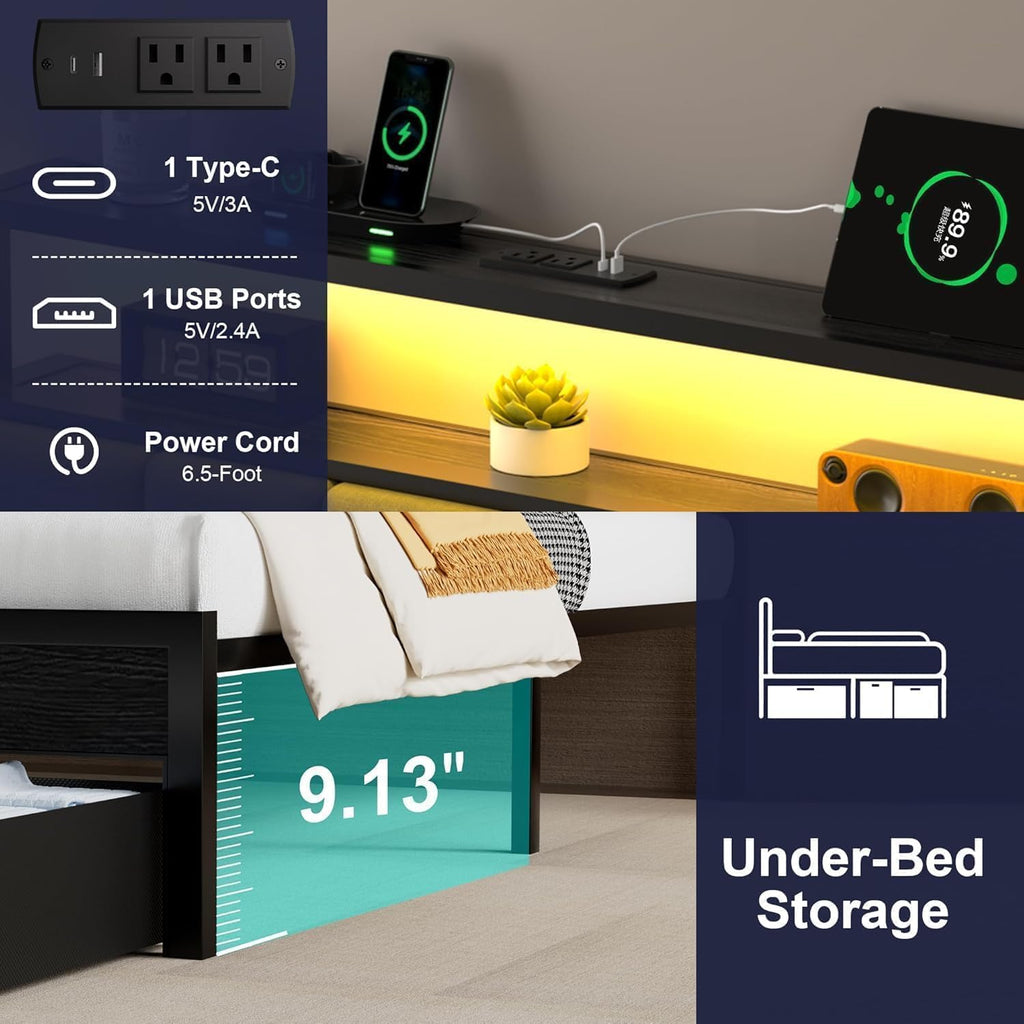 Full Bed Frames with Storage Drawer, Platform Bed with Charging Station and LED Lights, Upholstered Headboard with 2-Tier Storage Shelves, No Box Spring Needed