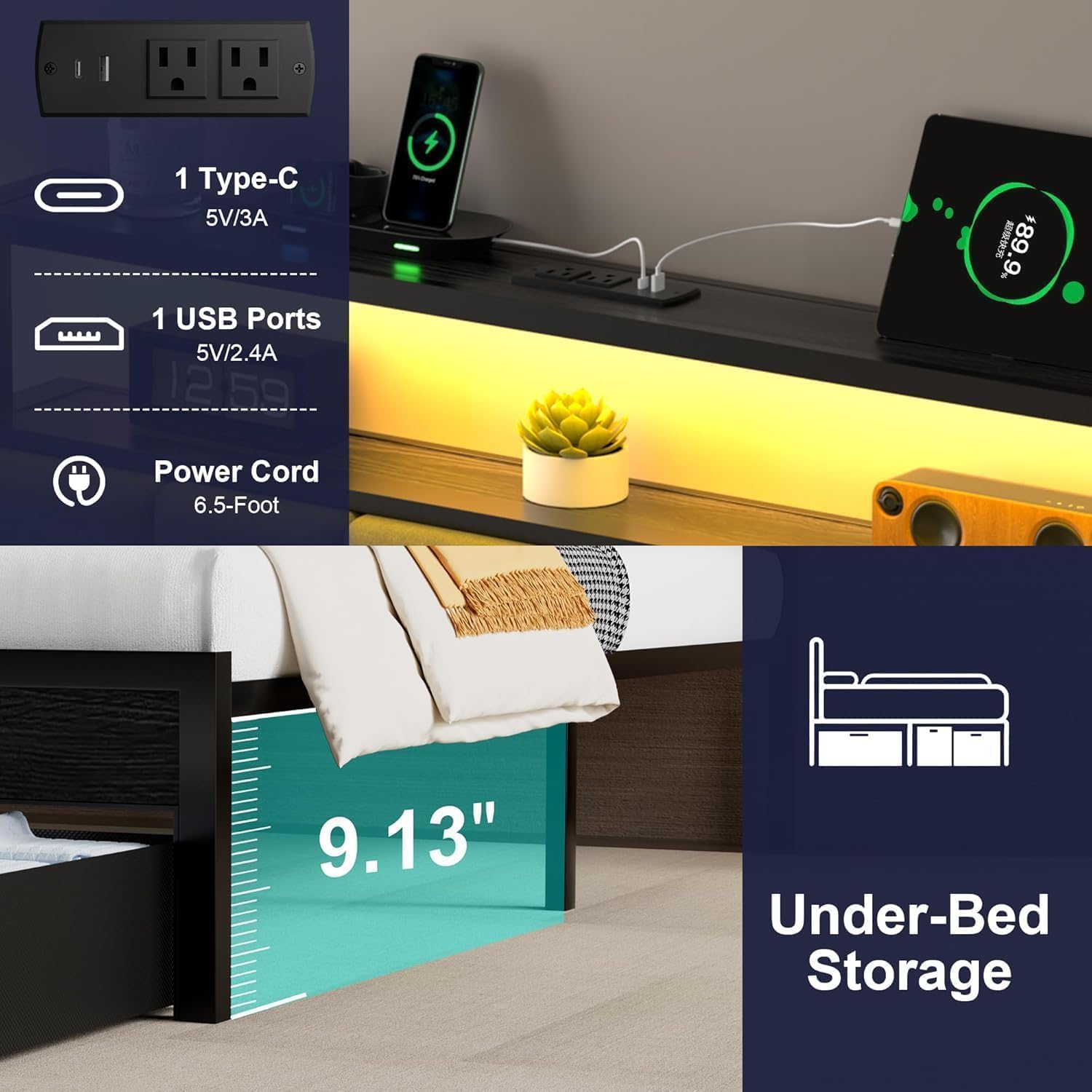 Full Bed Frames with Storage Drawer, Platform Bed with Charging Station and LED Lights, Upholstered Headboard with 2-Tier Storage Shelves, No Box Spring Needed