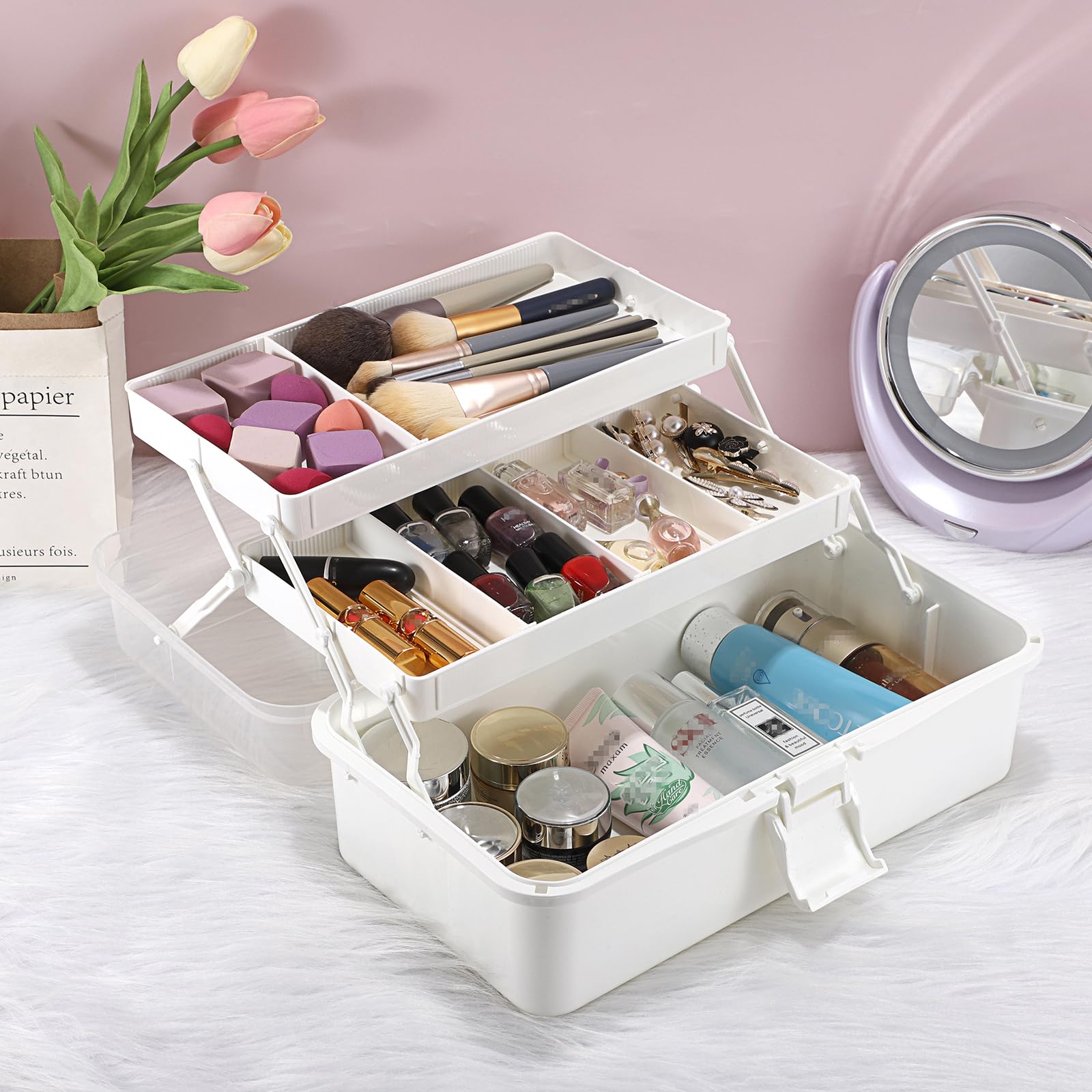 BTSKY 3-Layer Plastic Dividing Storage Box Craft Organizer and Storage | Portable Handled Art Supply Organizer with Adjustable Spacers Multipurpose Home Utility Box for Medicine, Sewing(Pink)