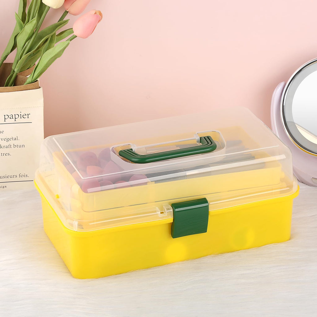 BTSKY 3-Layer Plastic Dividing Storage Box Craft Organizer and Storage | Portable Handled Art Supply Organizer with Adjustable Spacers Multipurpose Home Utility Box for Medicine, Sewing(Pink)