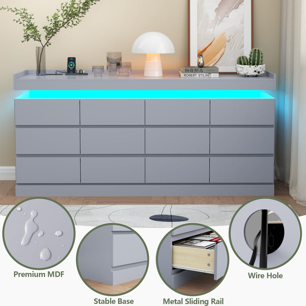 Gyfimoie 6 Drawer Dresser with Power Outlet, Dresser with LED Light | Modern Chest of Drawers for Closet, Wide Drawer Organizer Cabinet for Bedroom,Living Room