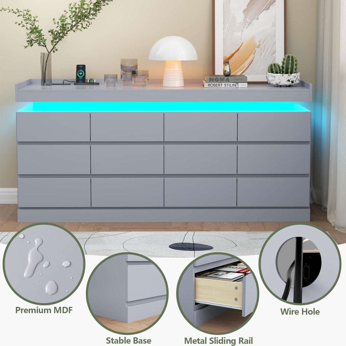 Gyfimoie 6 Drawer Dresser with Power Outlet, Dresser with LED Light | Modern Chest of Drawers for Closet, Wide Drawer Organizer Cabinet for Bedroom,Living Room