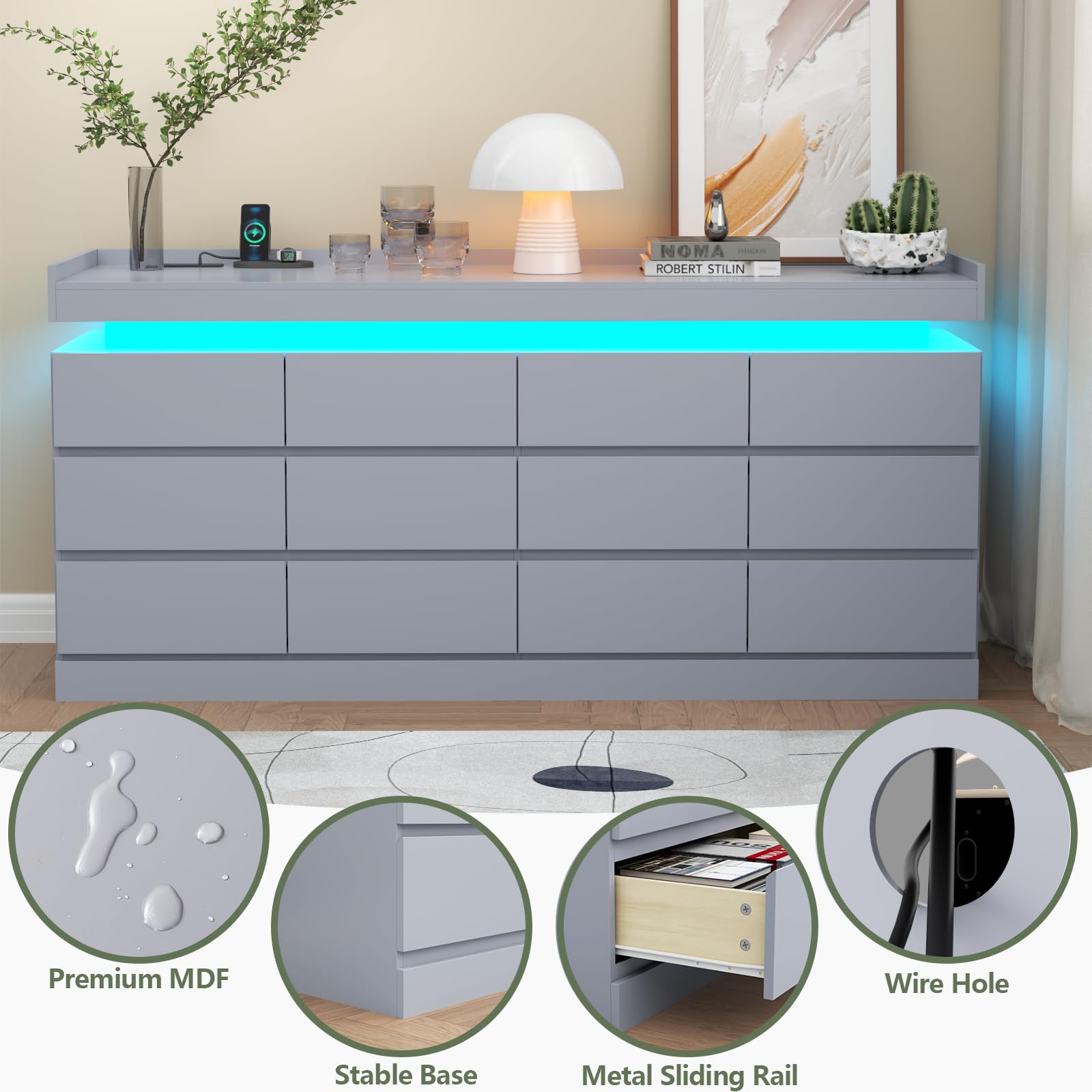 Gyfimoie 6 Drawer Dresser with Power Outlet, Dresser with LED Light | Modern Chest of Drawers for Closet, Wide Drawer Organizer Cabinet for Bedroom,Living Room