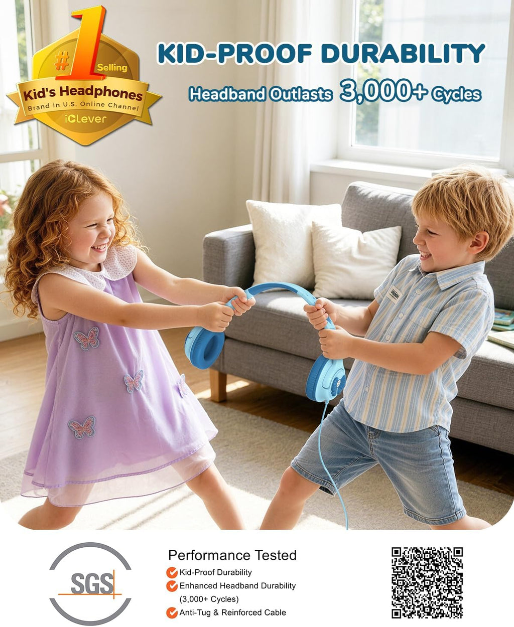 iClever C371 Kids Headphones with Cord for School Boys Girls Travel Gift | SafeSound Tech3.0, Stereo Sound, 3.5mm Jack, Foldable, Durable Headband, Safe Wired Headphones for Kids, Powder Blue