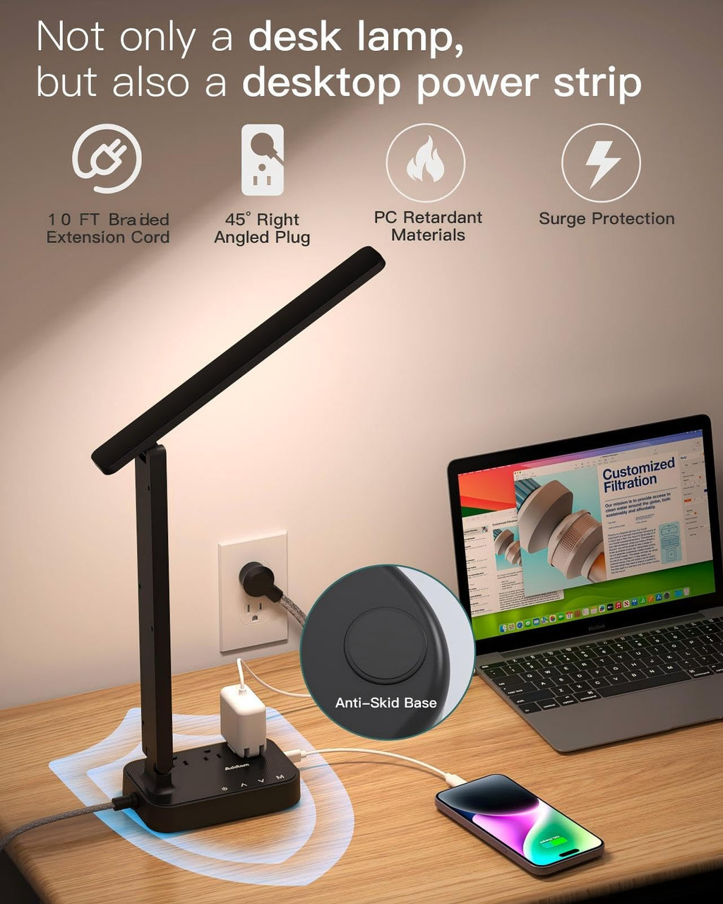 Addtam LED Desk Lamp, Power Strip with 3 Outlets 4 USB Charging Ports(2 USBC), 4 Modes 5 Level Brightness Touch Lamp, Small Desk Lamp for Home Office College Dorm Room Essentials