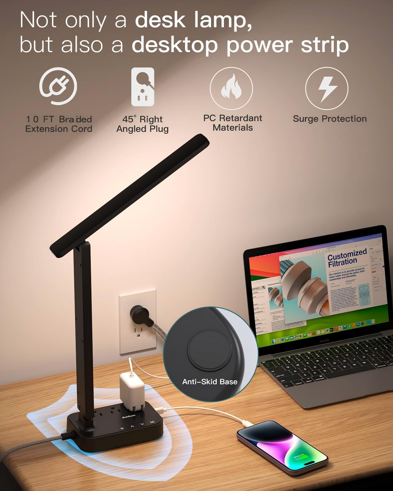 Addtam LED Desk Lamp, Power Strip with 3 Outlets 4 USB Charging Ports(2 USBC), 4 Modes 5 Level Brightness Touch Lamp, Small Desk Lamp for Home Office College Dorm Room Essentials