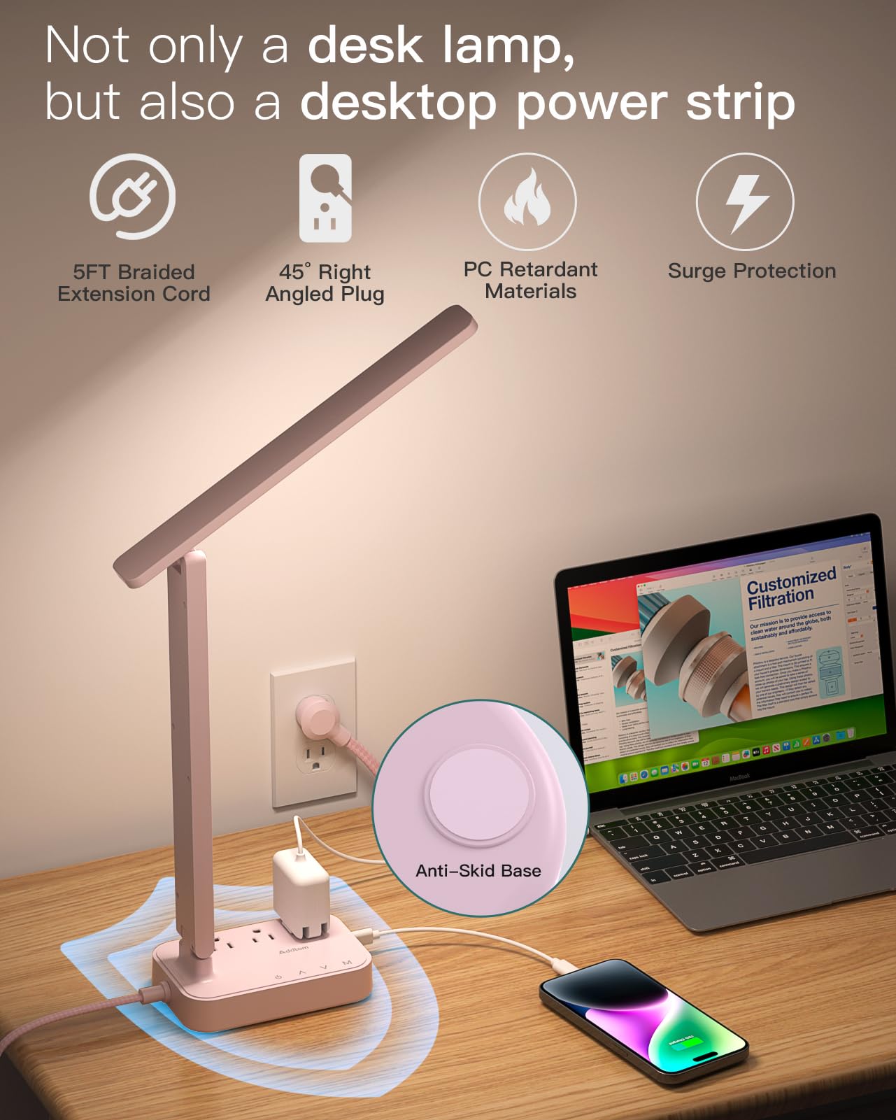 Addtam LED Desk Lamp, Power Strip with 3 Outlets 4 USB Charging Ports(2 USBC), 4 Modes 5 Level Brightness Touch Lamp, Small Desk Lamp for Home Office College Dorm Room Essentials