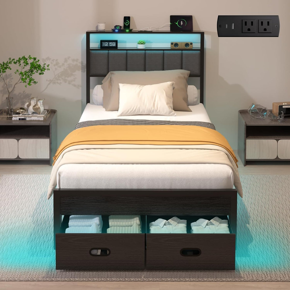 Full Bed Frames with Storage Drawer, Platform Bed with Charging Station and LED Lights, Upholstered Headboard with 2-Tier Storage Shelves, No Box Spring Needed