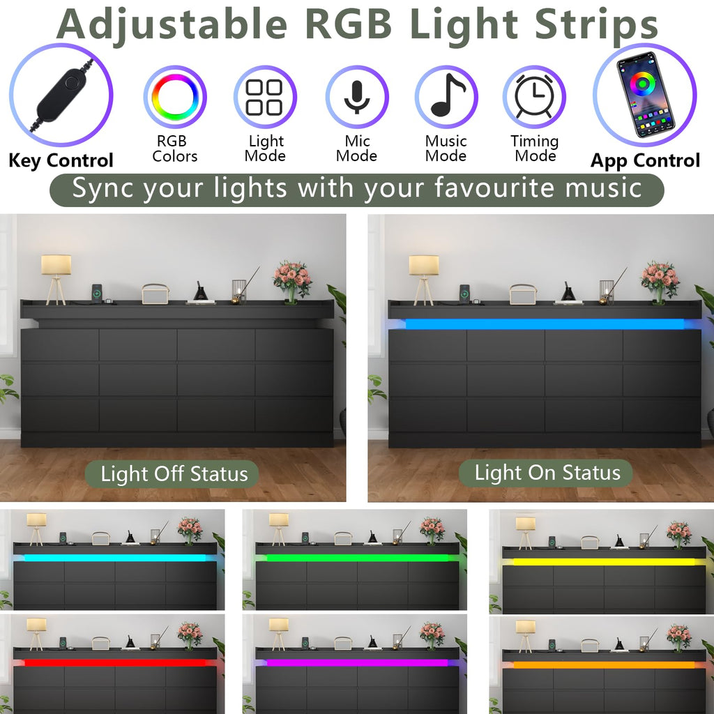 Gyfimoie 6 Drawer Dresser with Power Outlet, Dresser with LED Light | Modern Chest of Drawers for Closet, Wide Drawer Organizer Cabinet for Bedroom,Living Room