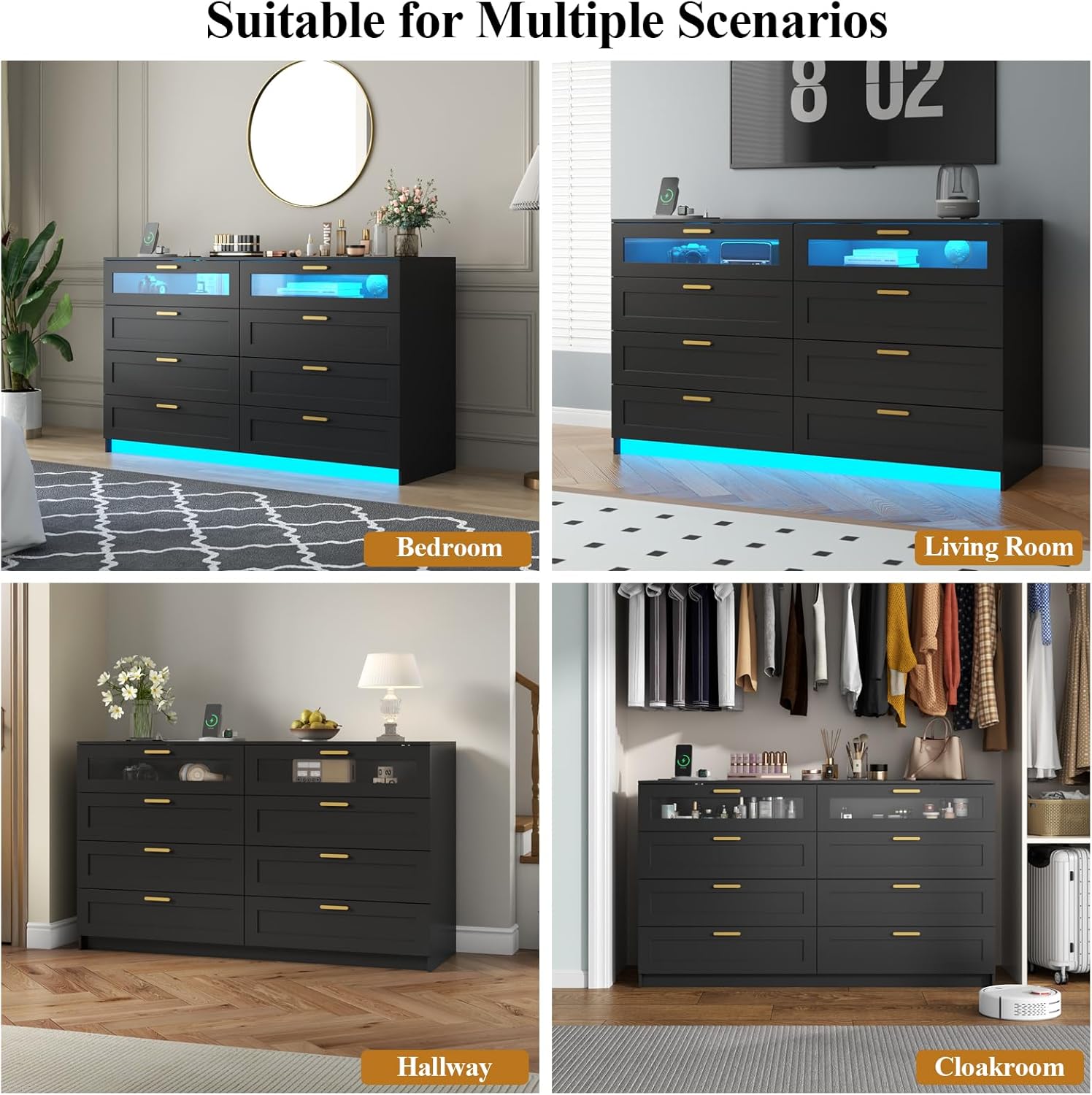 8 Drawers Dresser with Charging Station, Dresser for Bedroom with LED Light | Modern Chest of Drawers for Closet, Double Wide Dressers Organizer for Bedroom, Living Room, Entryway