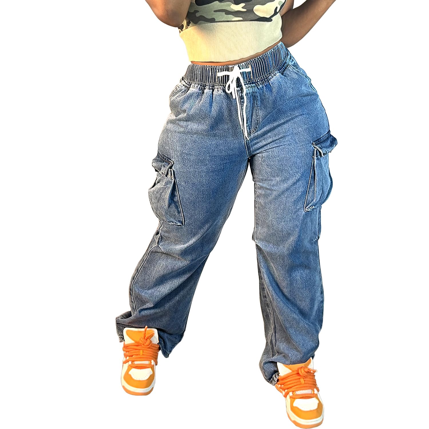 Cargo Jeans for Women Baggy Stretchy Wide Leg Denim Pants High Waisted y2k | Elastic Waist,Streetwear,Side Pockets,Cute,Trendy,Curvy,Mid Rise,Chic,Tall,Tie,Boyfriend,Loose,Casual,Fashion,Oversized