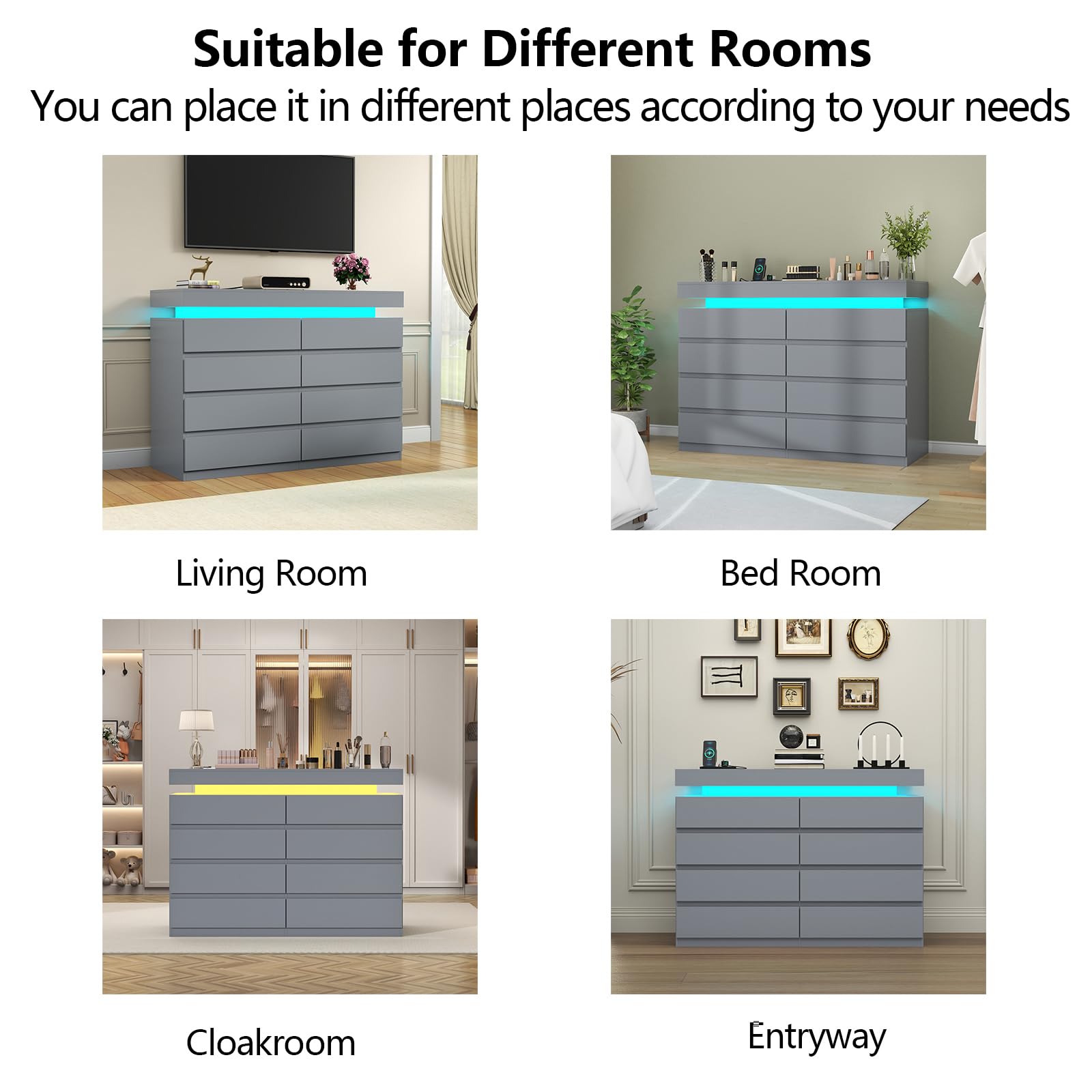 Gyfimoie 6 Drawer Dresser with Power Outlet, Dresser with LED Light | Modern Chest of Drawers for Closet, Wide Drawer Organizer Cabinet for Bedroom,Living Room