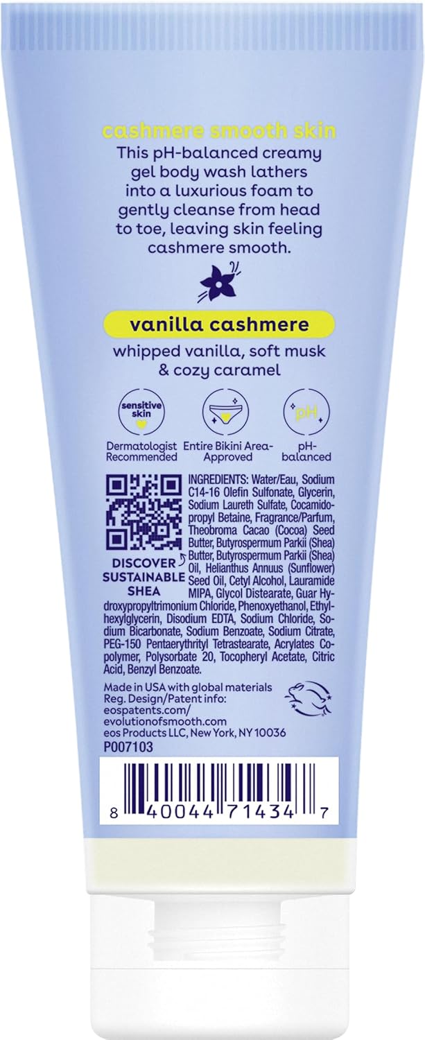 eos Body Wash, Vanilla Cashmere, Moisturizing Creamy Gel Formula with Shea Butter, Glycerin, Vitamin E, pH Balanced, Sensitive Skin, Vegan, 16 fl oz