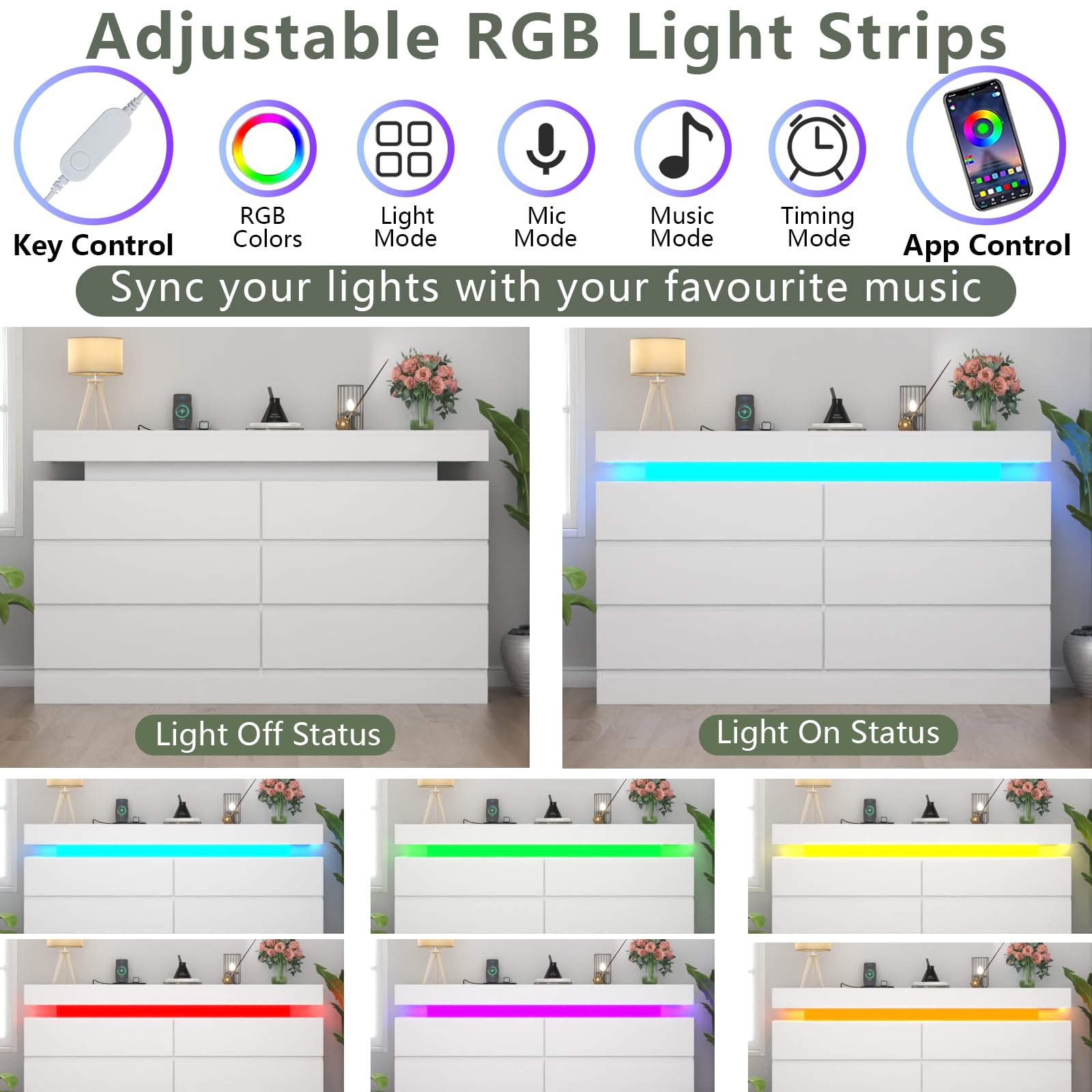 Gyfimoie 6 Drawer Dresser with Power Outlet, Dresser with LED Light | Modern Chest of Drawers for Closet, Wide Drawer Organizer Cabinet for Bedroom,Living Room